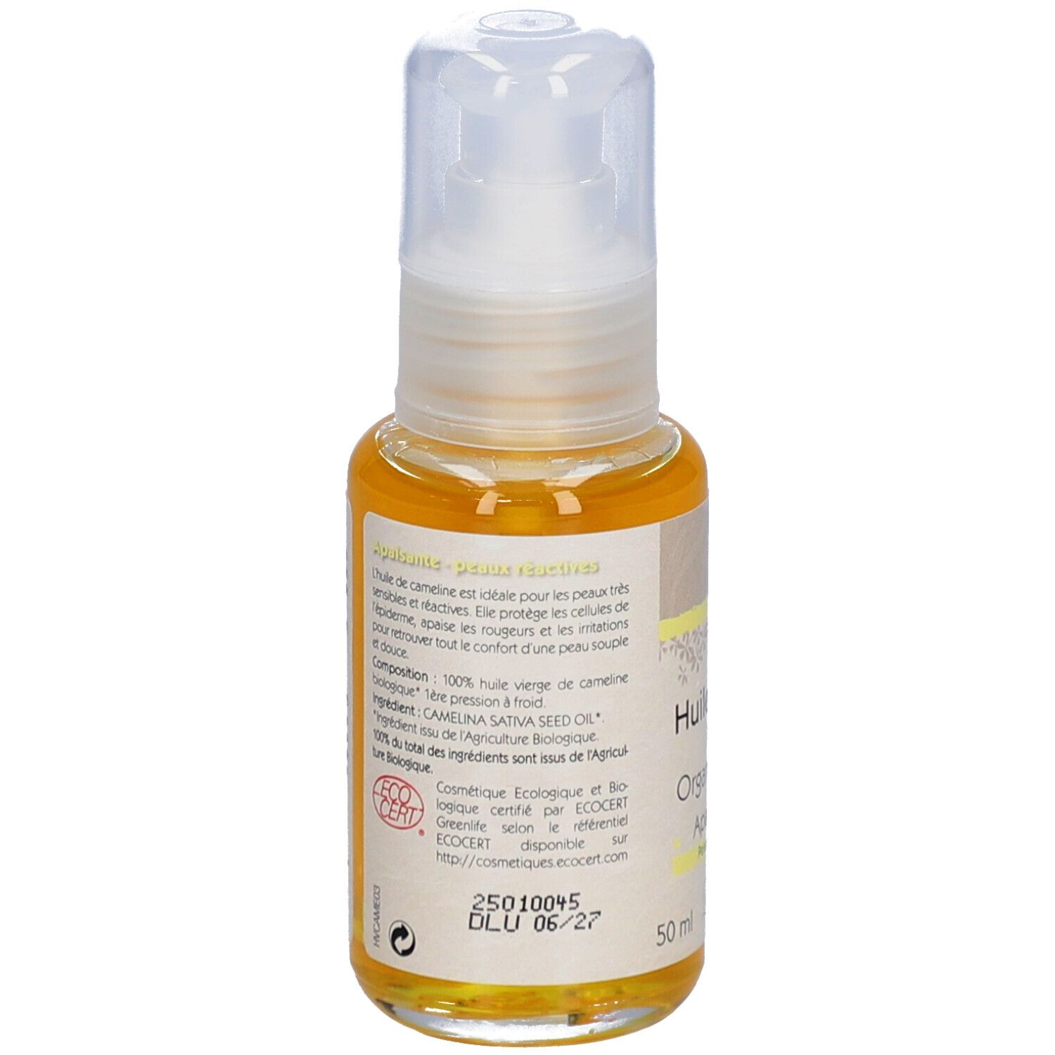 Dos du flacon d'huile. Texte: Huile de cameline biologique, Apaisante, Peaux réactives. Logo ECOCERT. 50 ml.