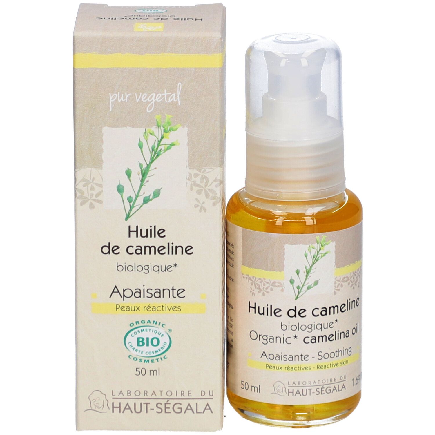 Boîte et flacon d'huile. Inscription: Huile de cameline biologique, Apaisante, Peaux réactives. Logo: Bio Cosmetic. 50 ml.