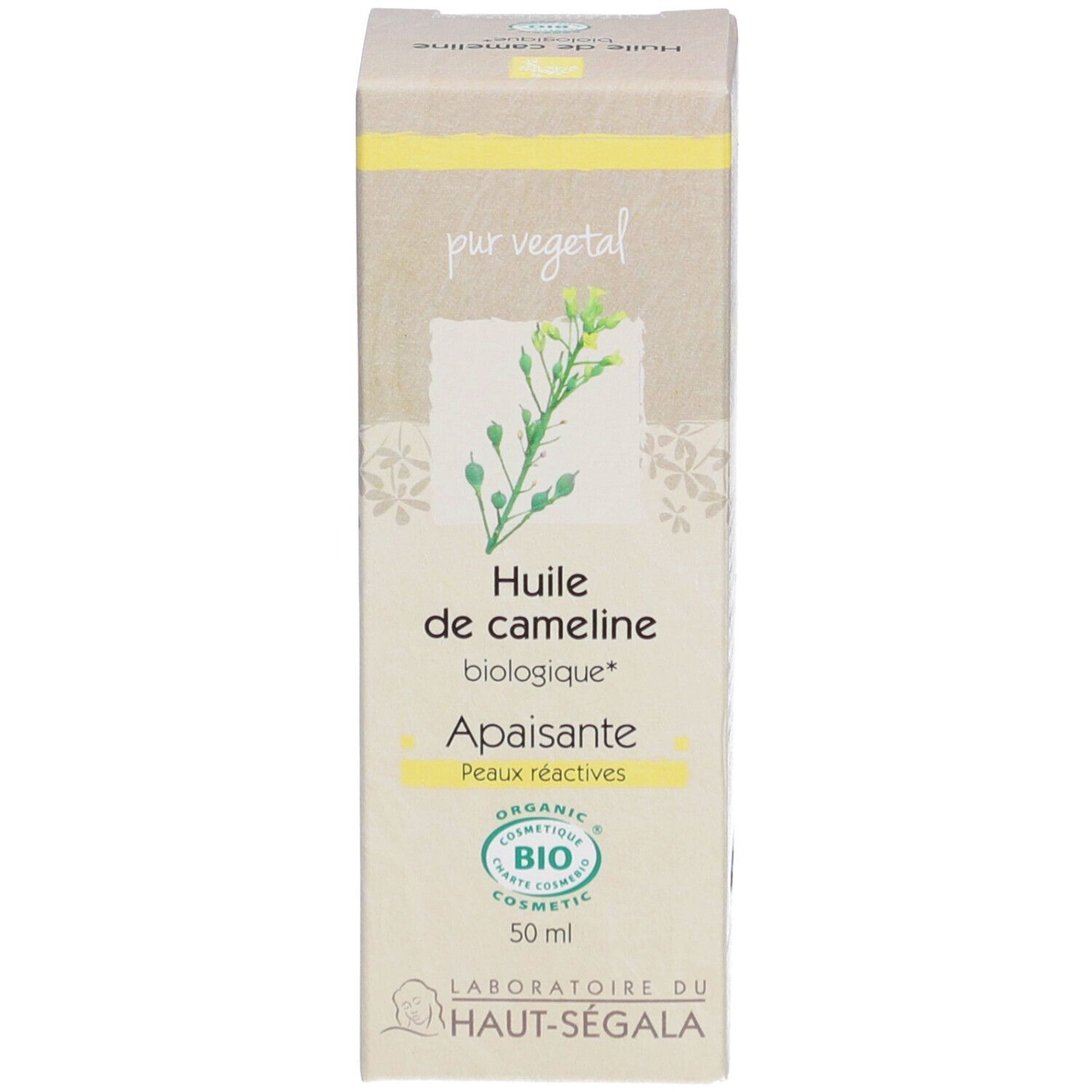 Boîte avec inscription: Huile de cameline biologique, Apaisante, Peaux réactives. Logo: Bio Cosmetic. 50 ml.