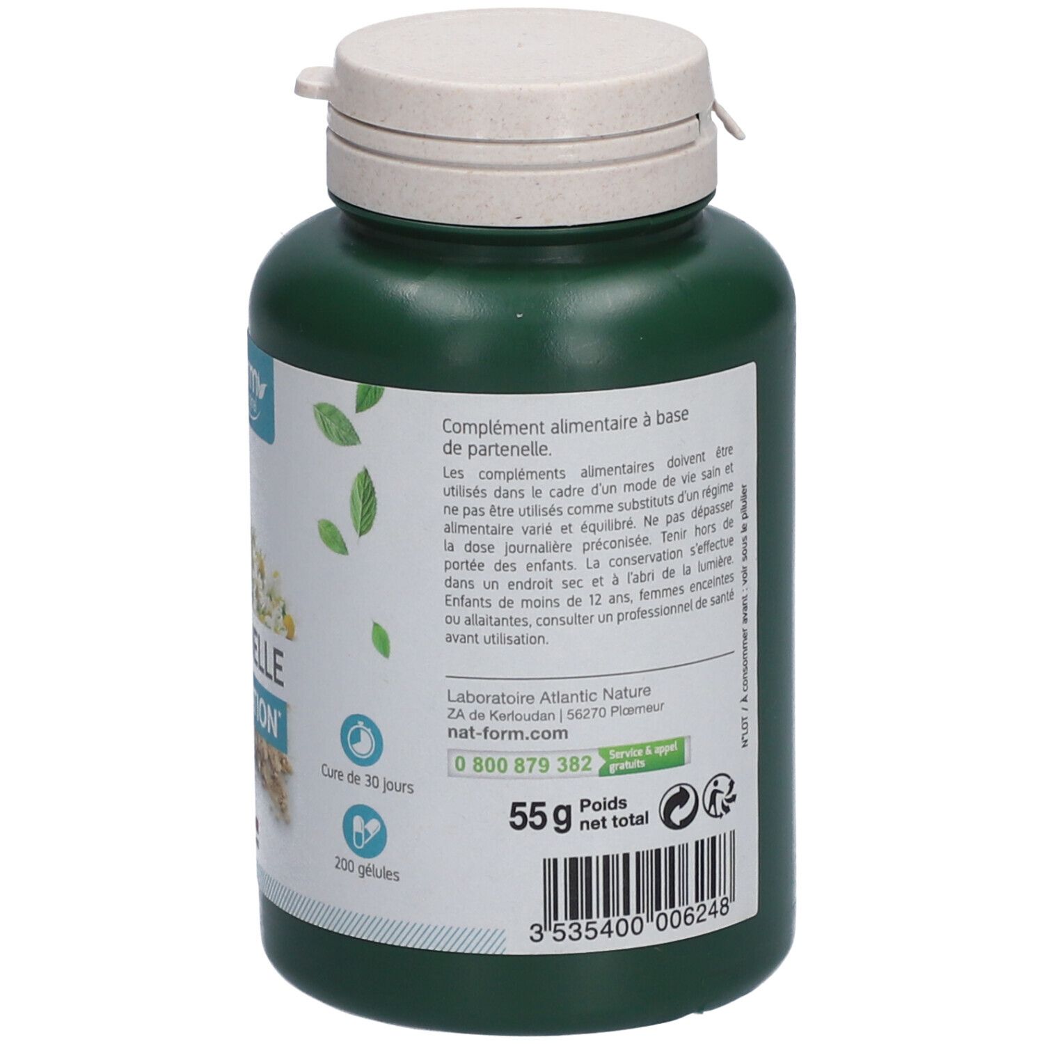 Flacon vert avec couvercle blanc. Inscription : Nat&Form, Partenelle Relaxation. 200 gélules, 55g.