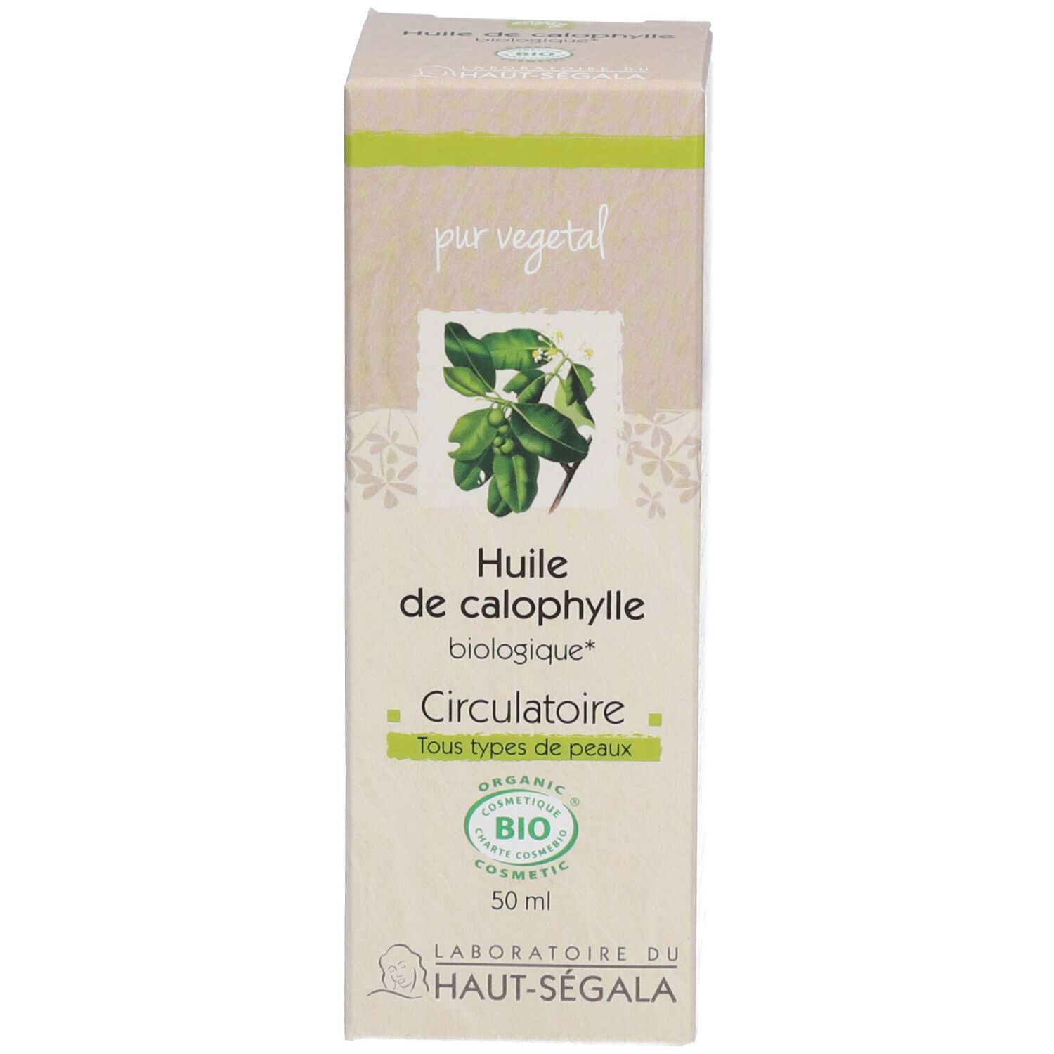 Emballage d'huile de calophylle bio. Étiquette avec texte et logo. Certification bio.