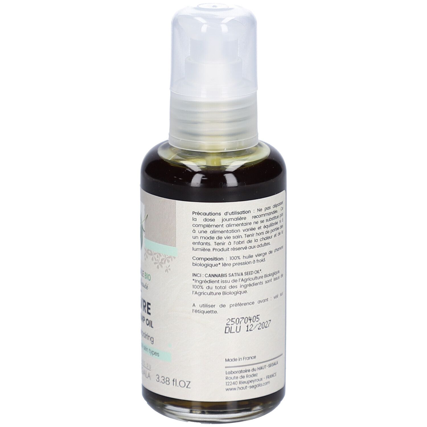 Dos du flacon en verre brun avec pompe. Étiquette avec texte et labels bio. Marque: HAUT-SEGALA.