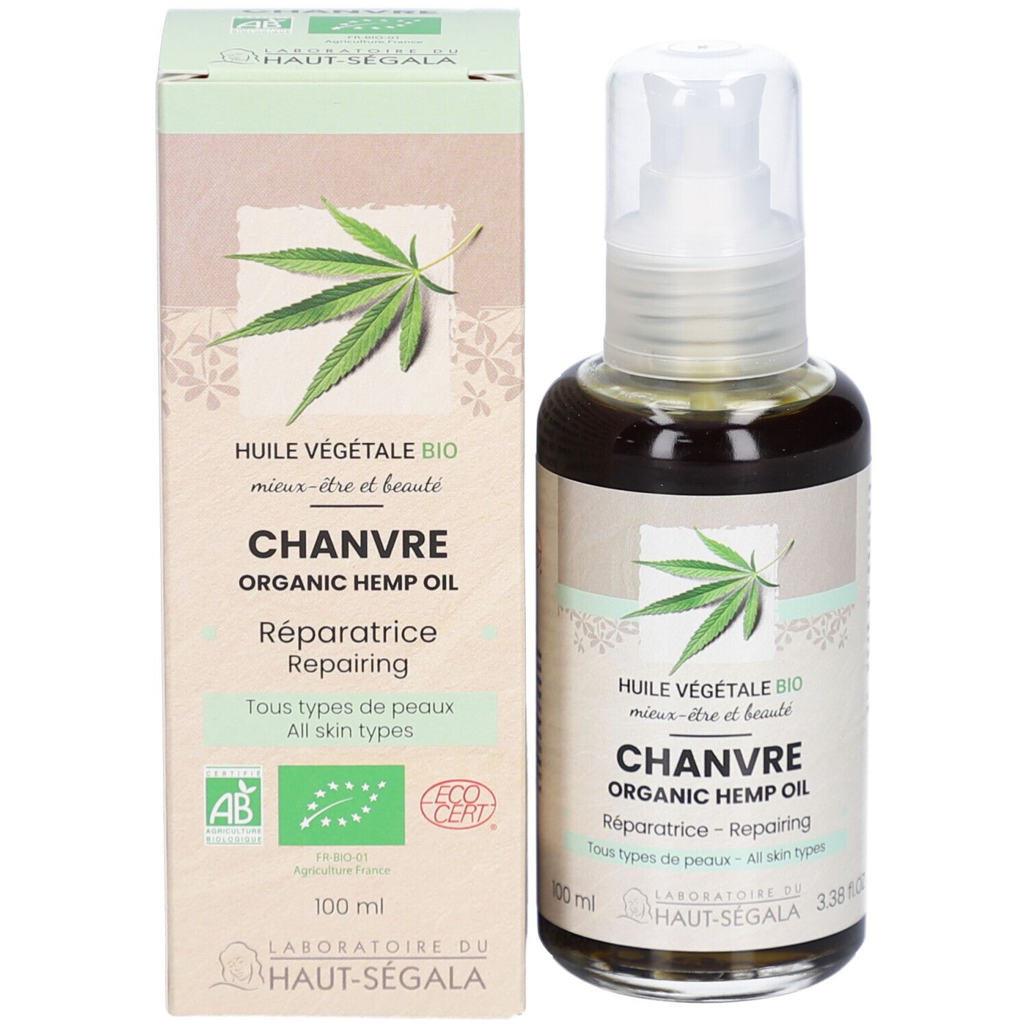 Produit avec emballage. Flacon en verre brun avec pompe et carton. Texte: Huile Végétale Bio, Chanvre, Organic Hemp Oil. Marque: HAUT-SEGALA.