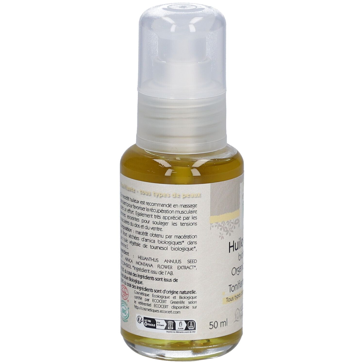 Dos du flacon d'huile d'arnica. Informations, ingrédients et certifications sur l'étiquette.