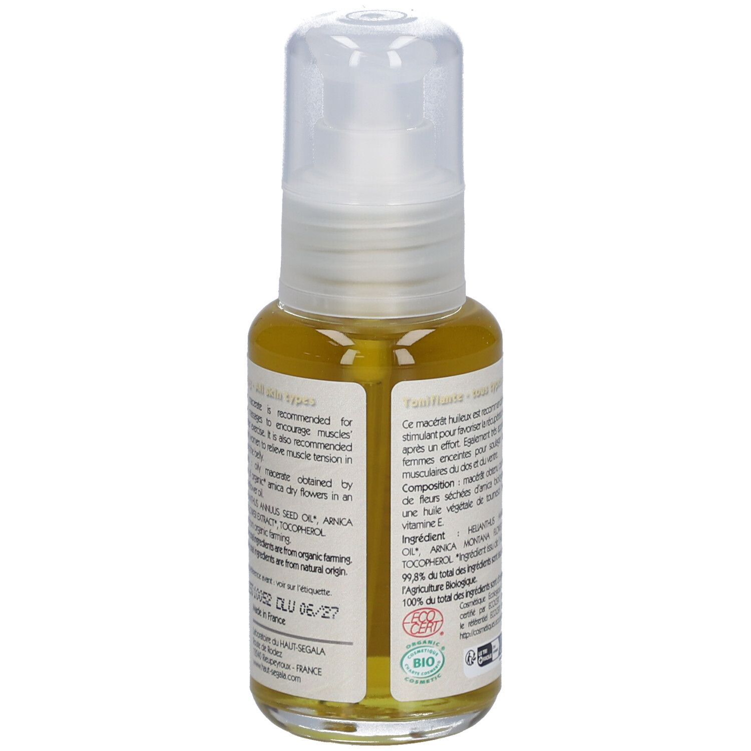 Dos du flacon d'huile d'arnica. Informations, ingrédients et certifications sur l'étiquette.