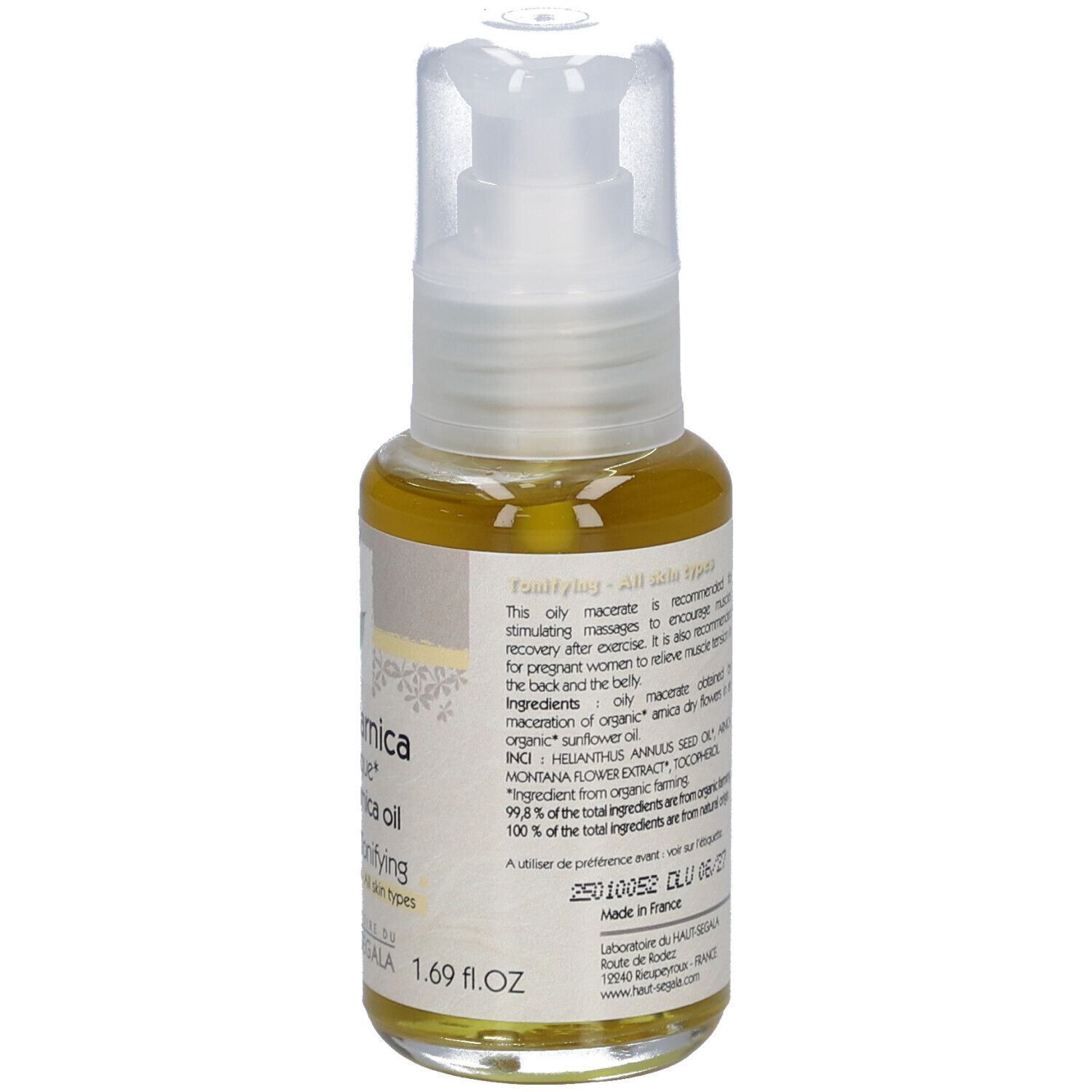 Dos du flacon d'huile d'arnica. Informations, ingrédients et certifications sur l'étiquette.