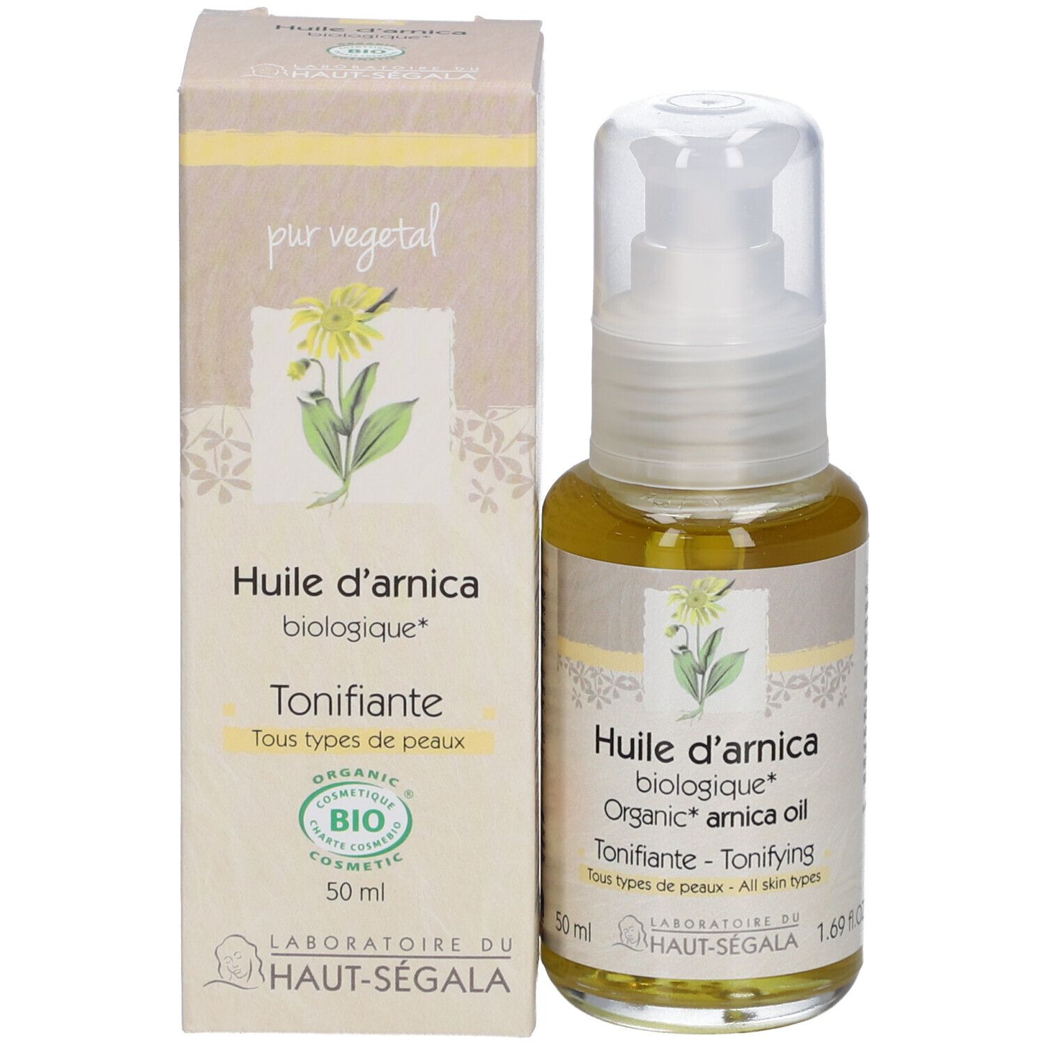 Flacon d'huile d'arnica et emballage. Huile jaune dans un flacon en verre avec vaporisateur. Emballage avec informations.