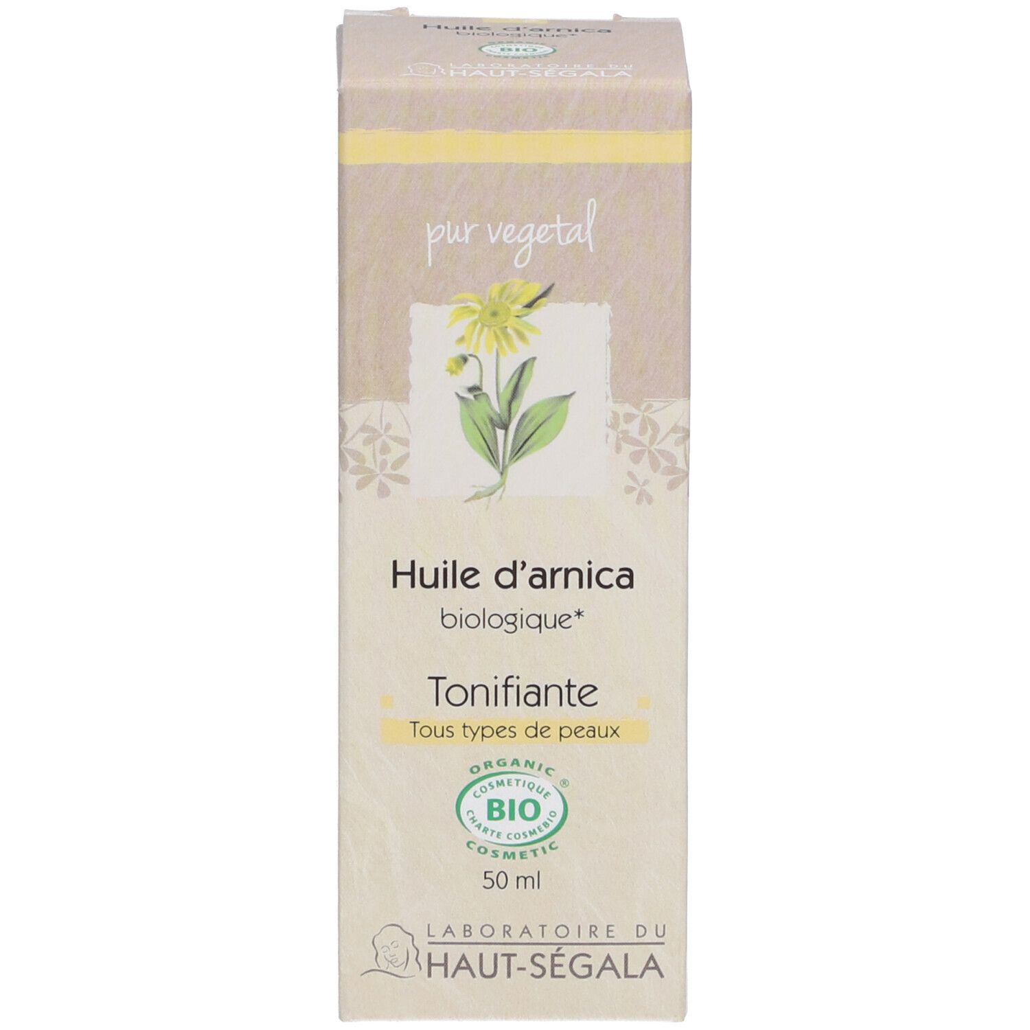 Emballage pour huile d'arnica. Carton avec informations, logo et certifications.