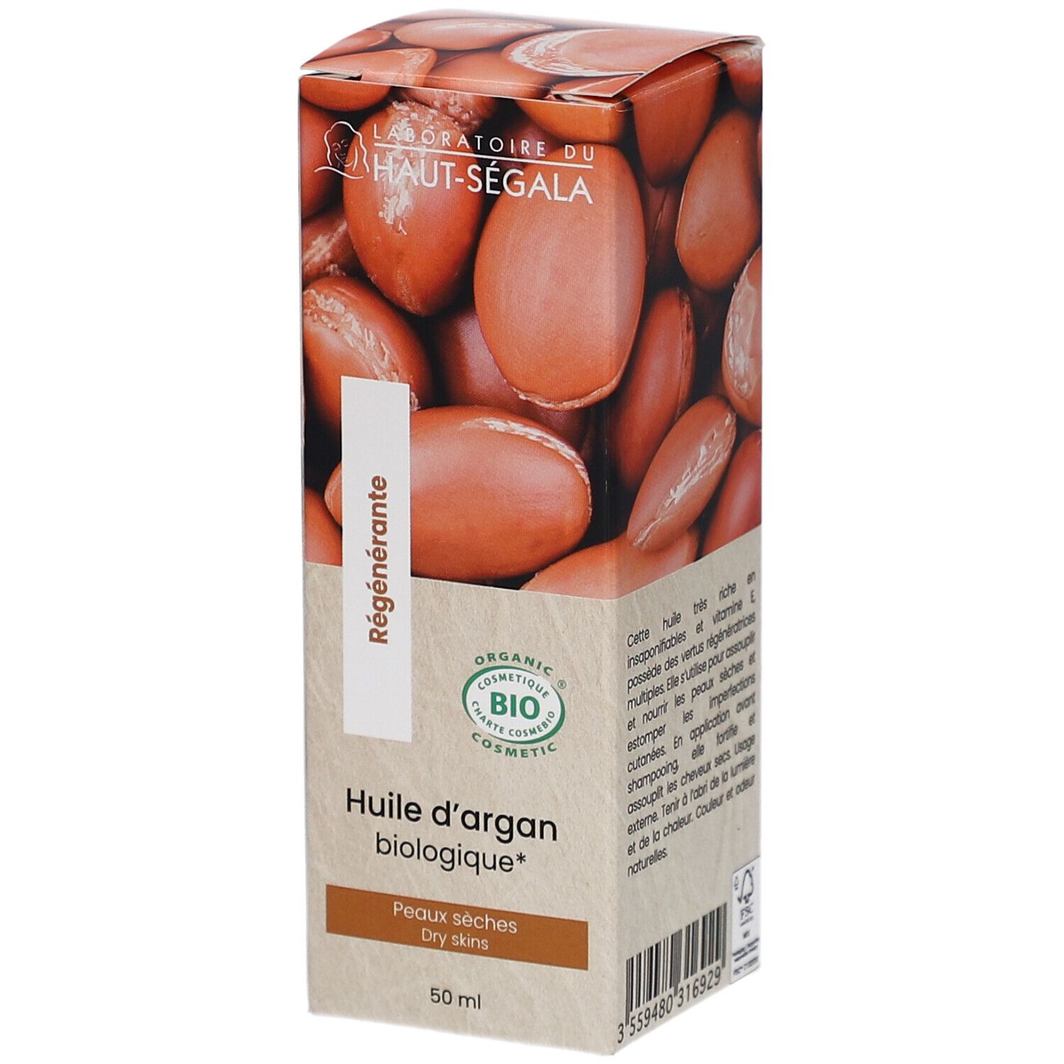 Boîte en carton avec illustration d'huile d'argan. Texte: Huile d'argan biologique, Peaux sèches, 50 ml. Label cosmétique bio.