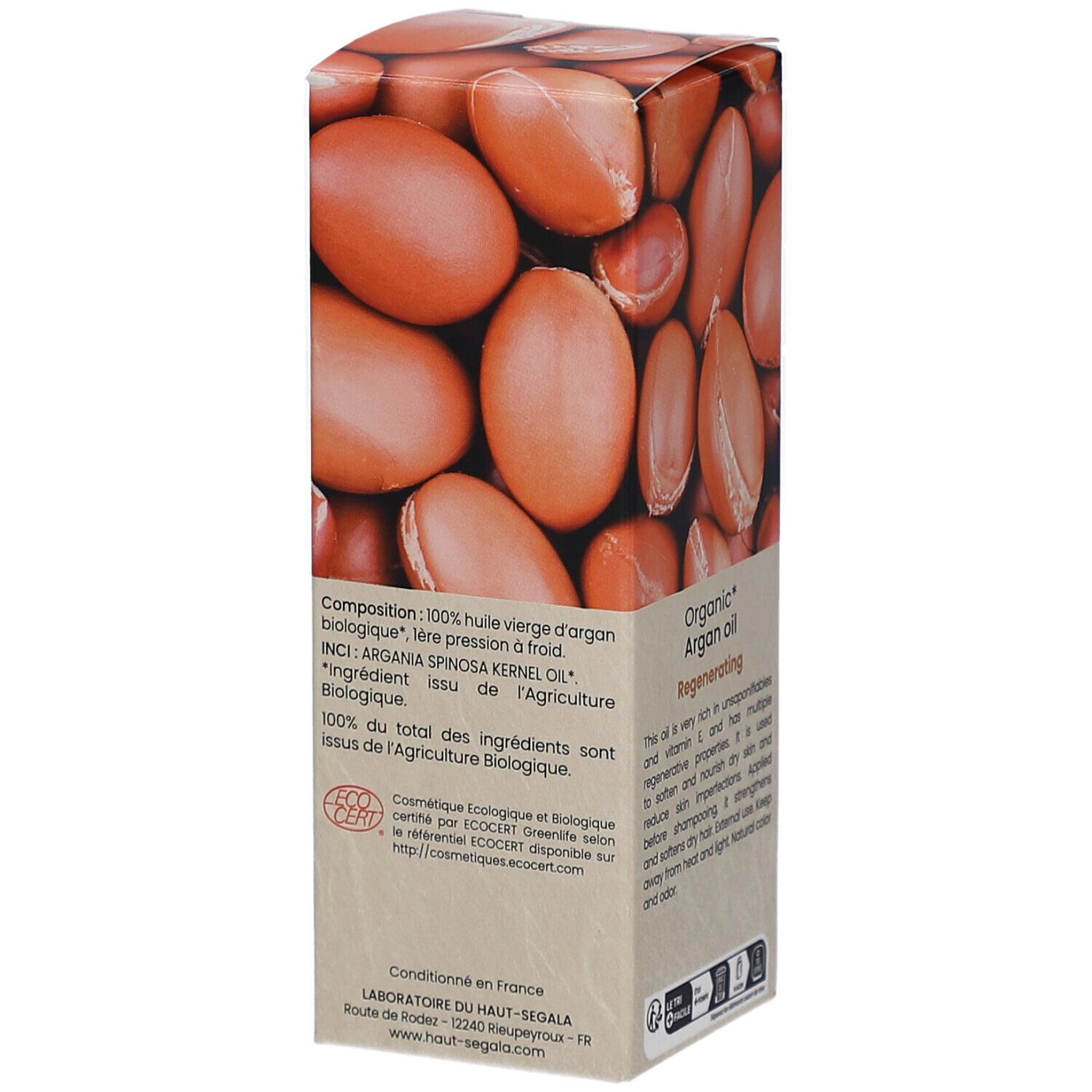 Boîte en carton avec illustration d'huile d'argan. Texte: Composition, 100% huile vierge d'argan biologique. Label ECOCERT.