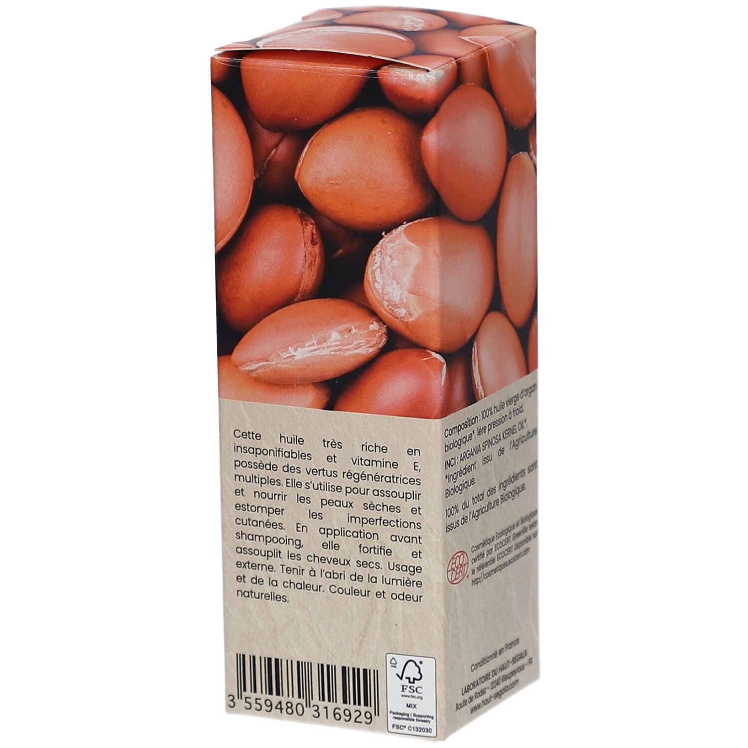 Boîte en carton avec illustration d'huile d'argan. Texte: Description du produit. Label FSC. Code-barres.