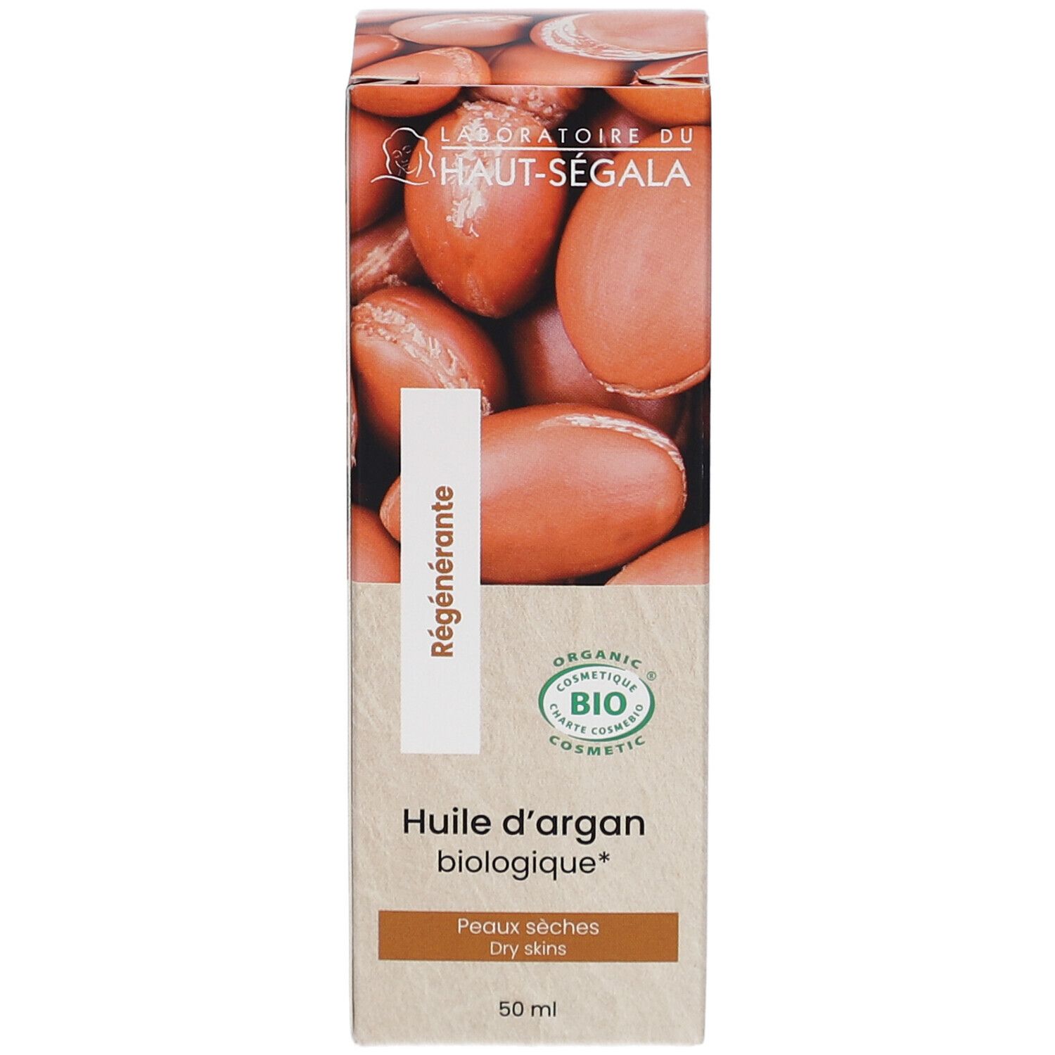 Boîte en carton avec illustration d'huile d'argan. Texte: Huile d'argan biologique, Peaux sèches, 50 ml. Label cosmétique bio.