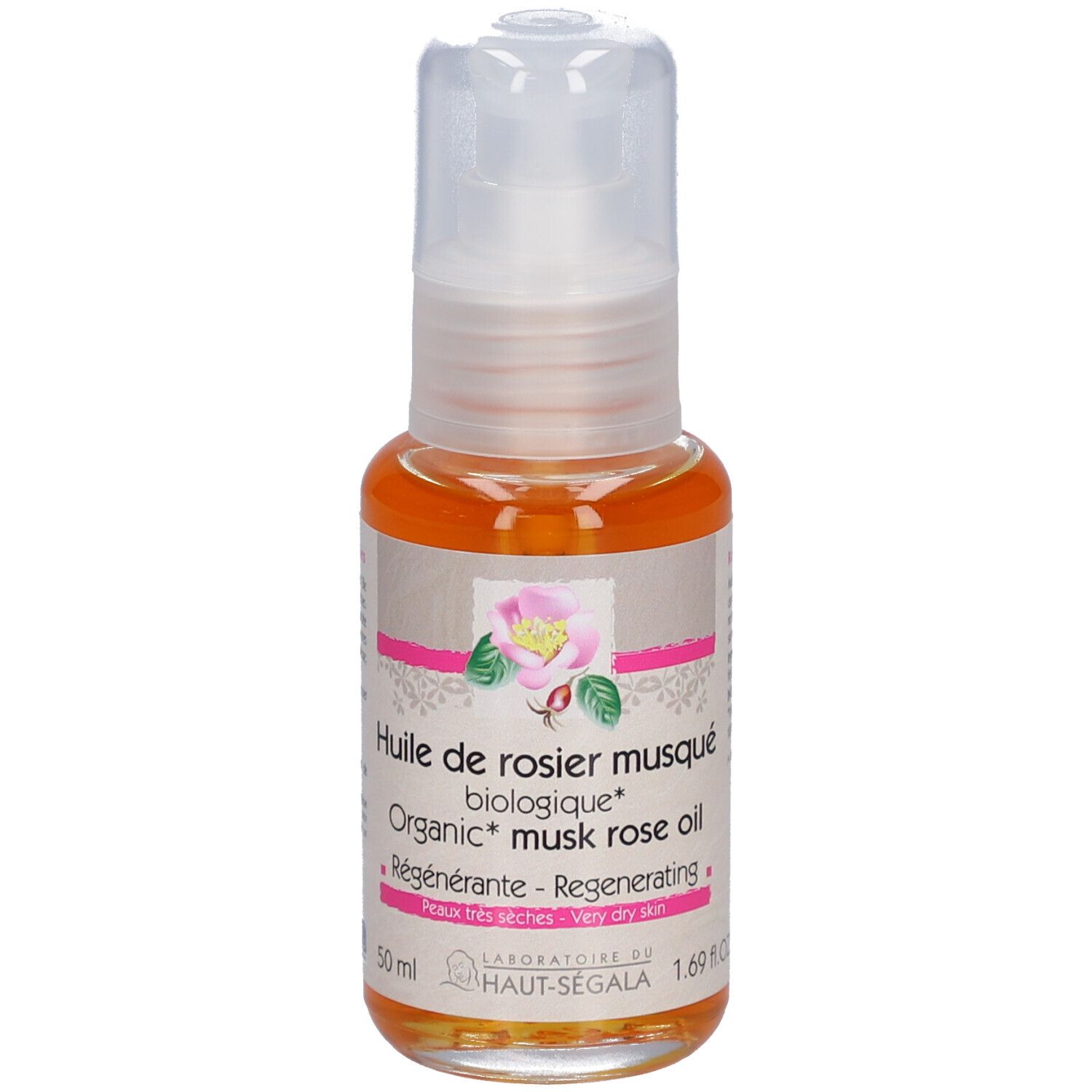 Flacon d'huile avec pompe. Inscription: Huile de rosier musqué biologique. Certification: BIO COSMETIC.