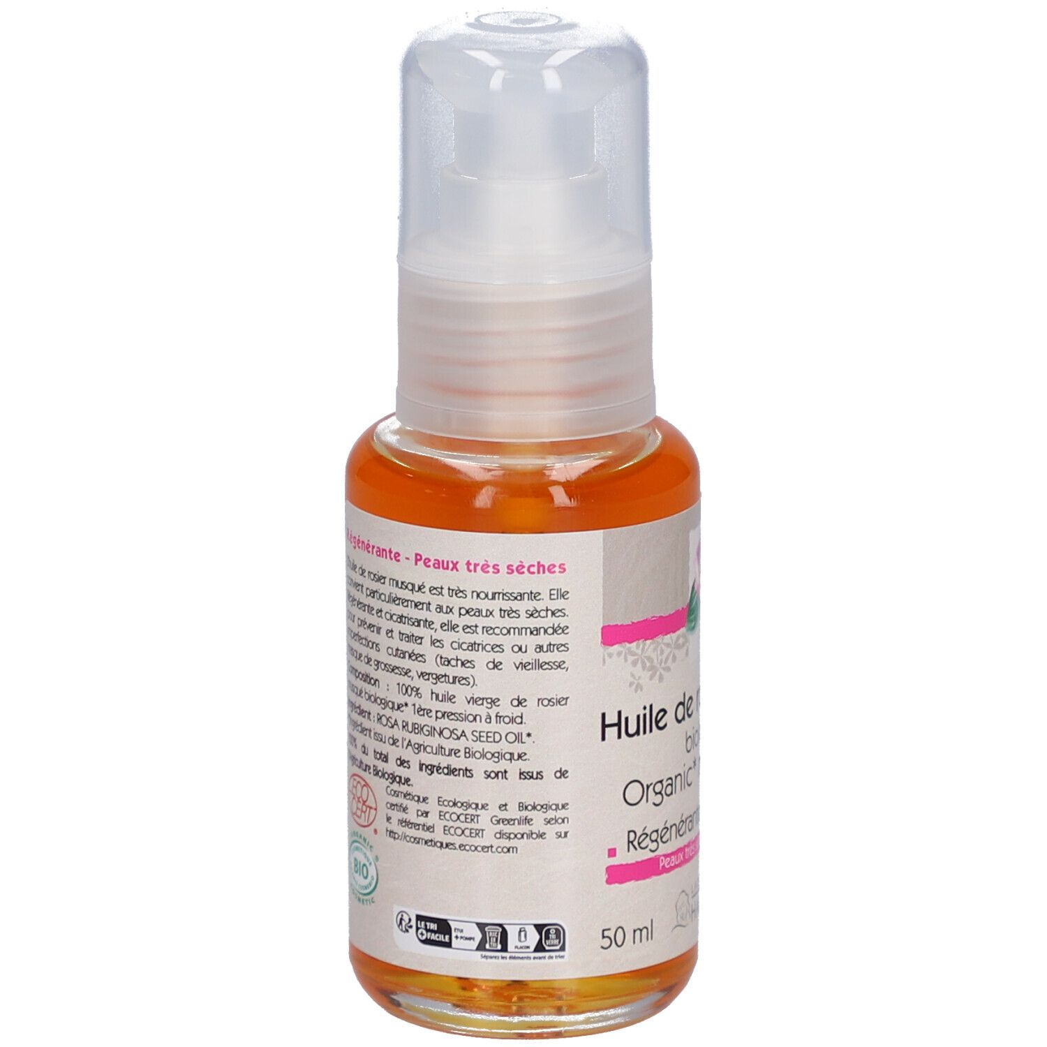 Flacon d'huile avec pompe. Inscription: Huile de rosier musqué biologique. Certification: BIO COSMETIC.