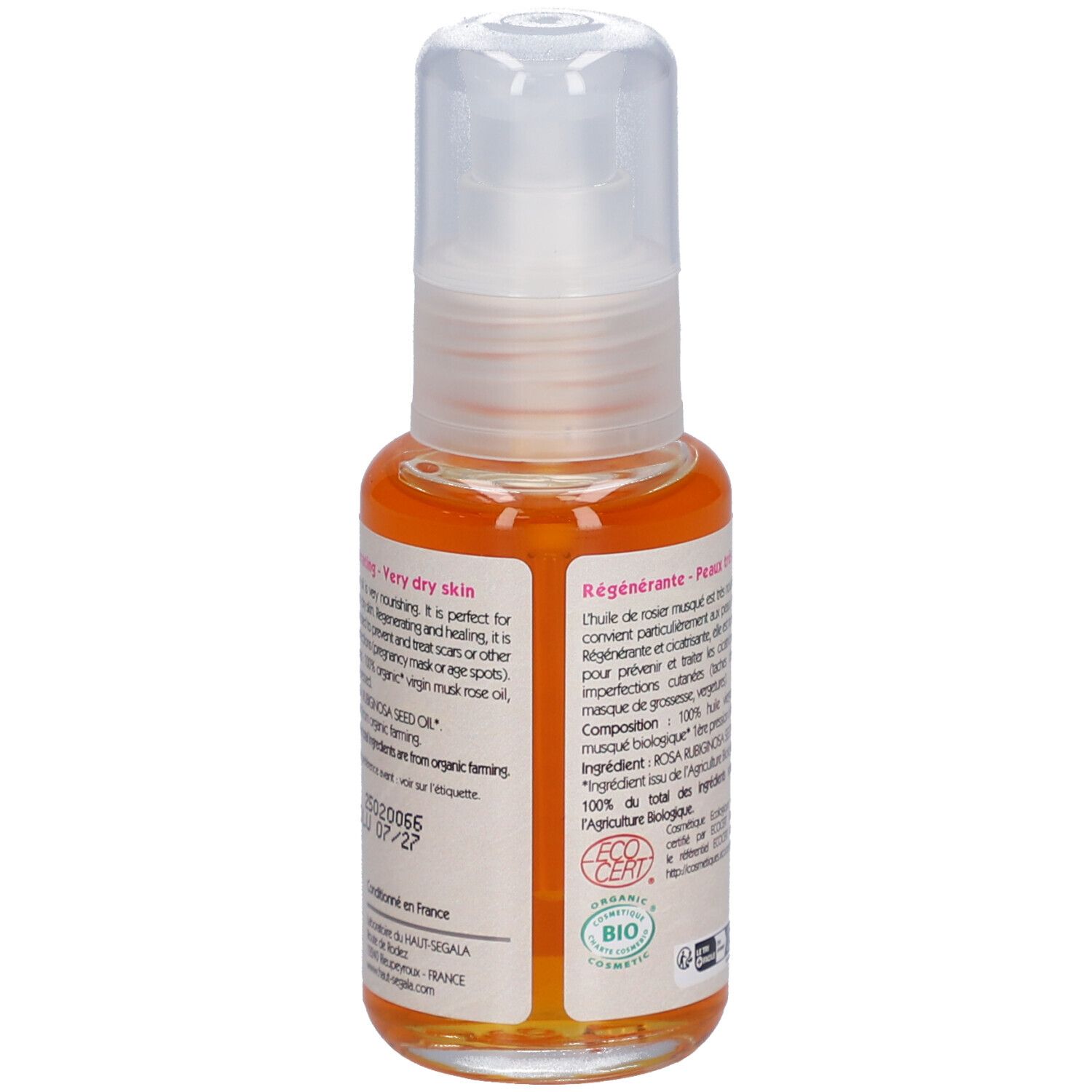 Flacon d'huile avec pompe. Inscription: Huile de rosier musqué biologique. Certification: BIO COSMETIC.
