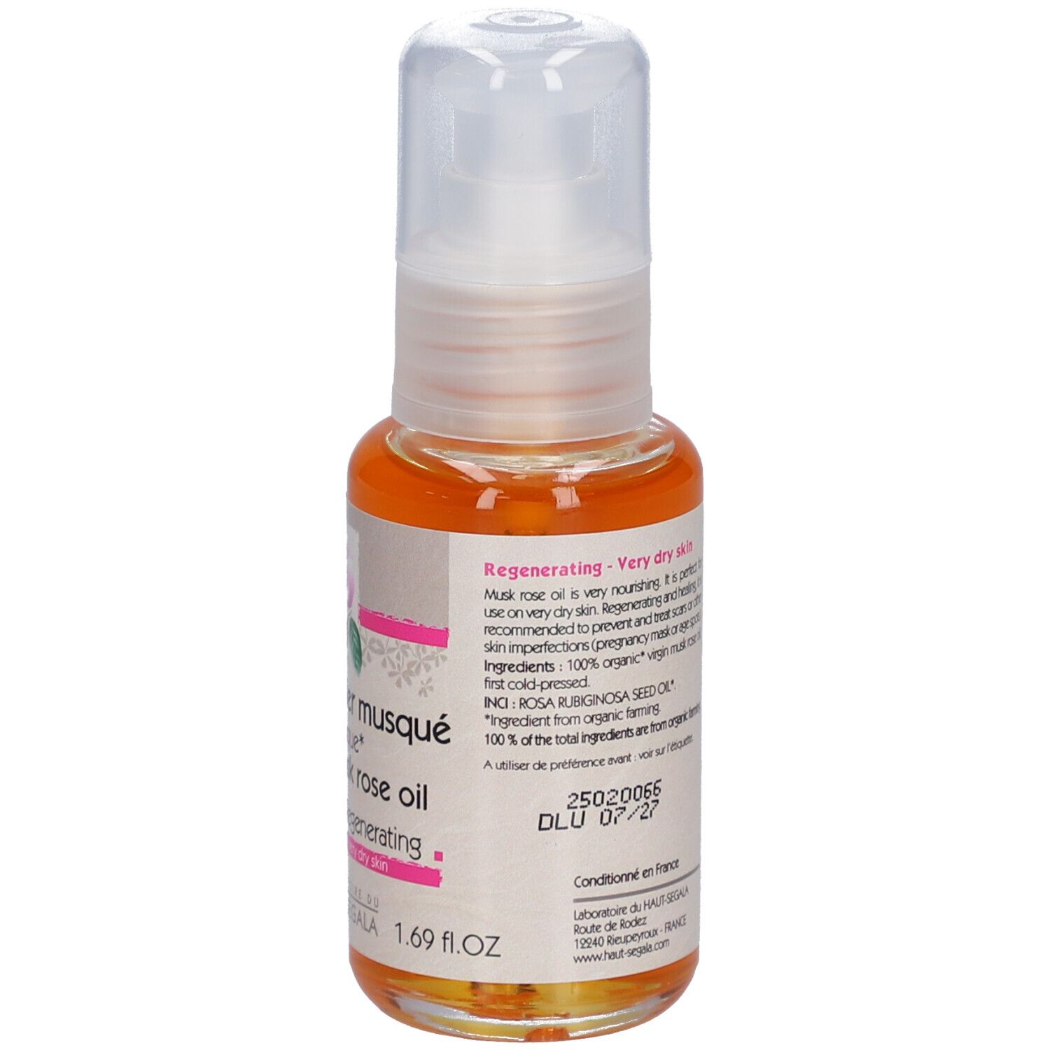 Flacon d'huile avec pompe. Inscription: Huile de rosier musqué biologique. Certification: BIO COSMETIC.