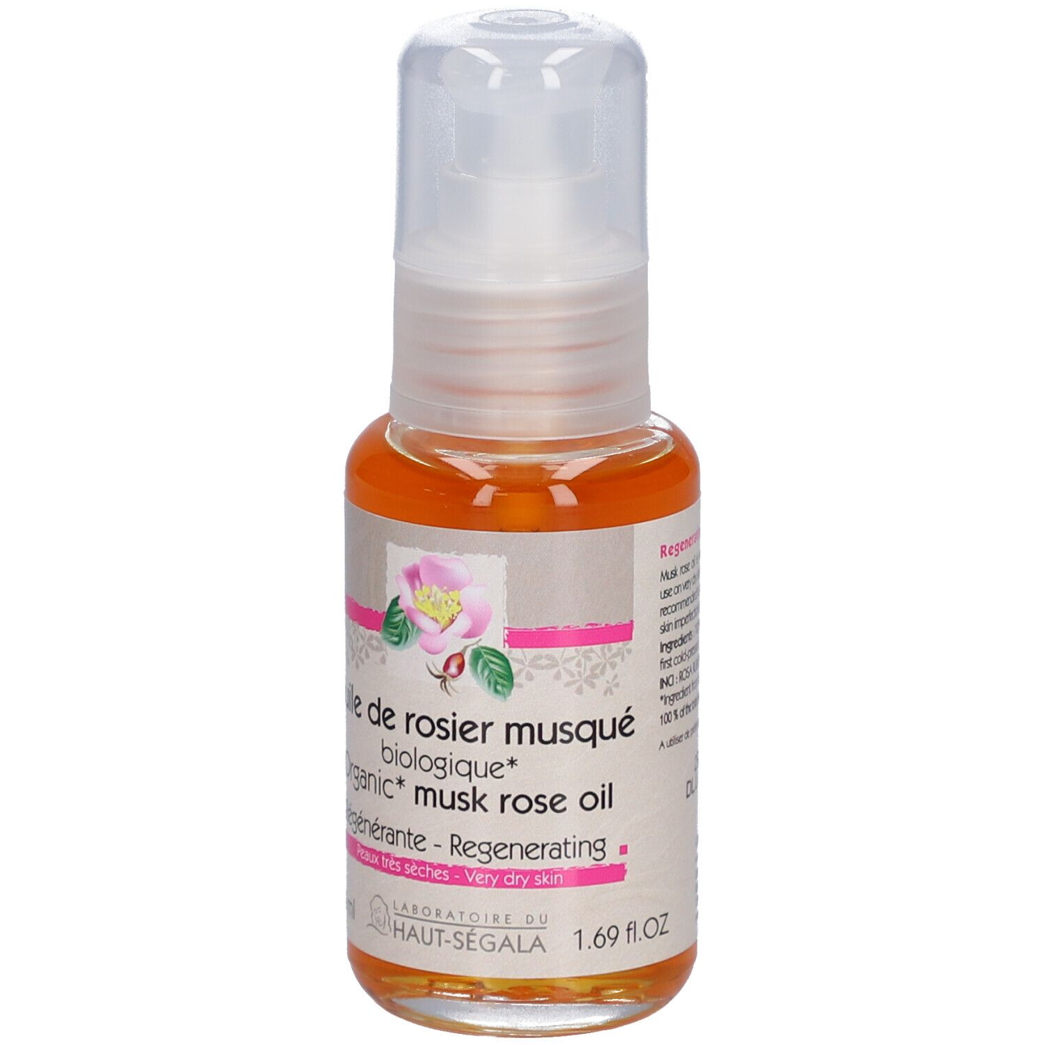 Flacon d'huile avec pompe. Inscription: Huile de rosier musqué biologique. Certification: BIO COSMETIC.