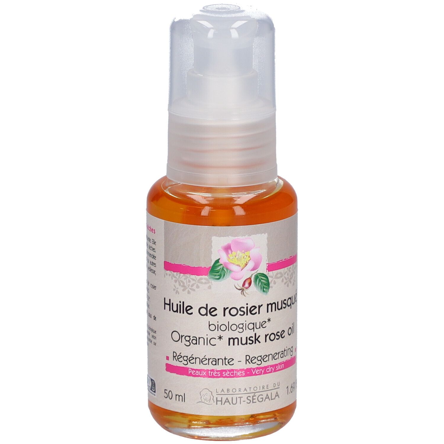 Flacon d'huile avec pompe. Inscription: Huile de rosier musqué biologique. Certification: BIO COSMETIC.