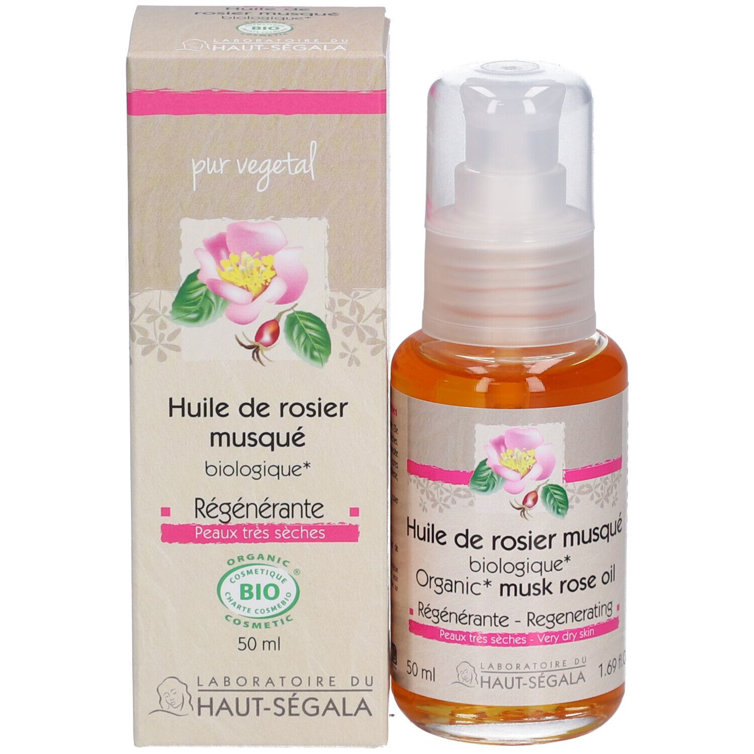 Flacon et boîte d'huile. Inscription: Huile de rosier musqué biologique. Certification: BIO COSMETIC.