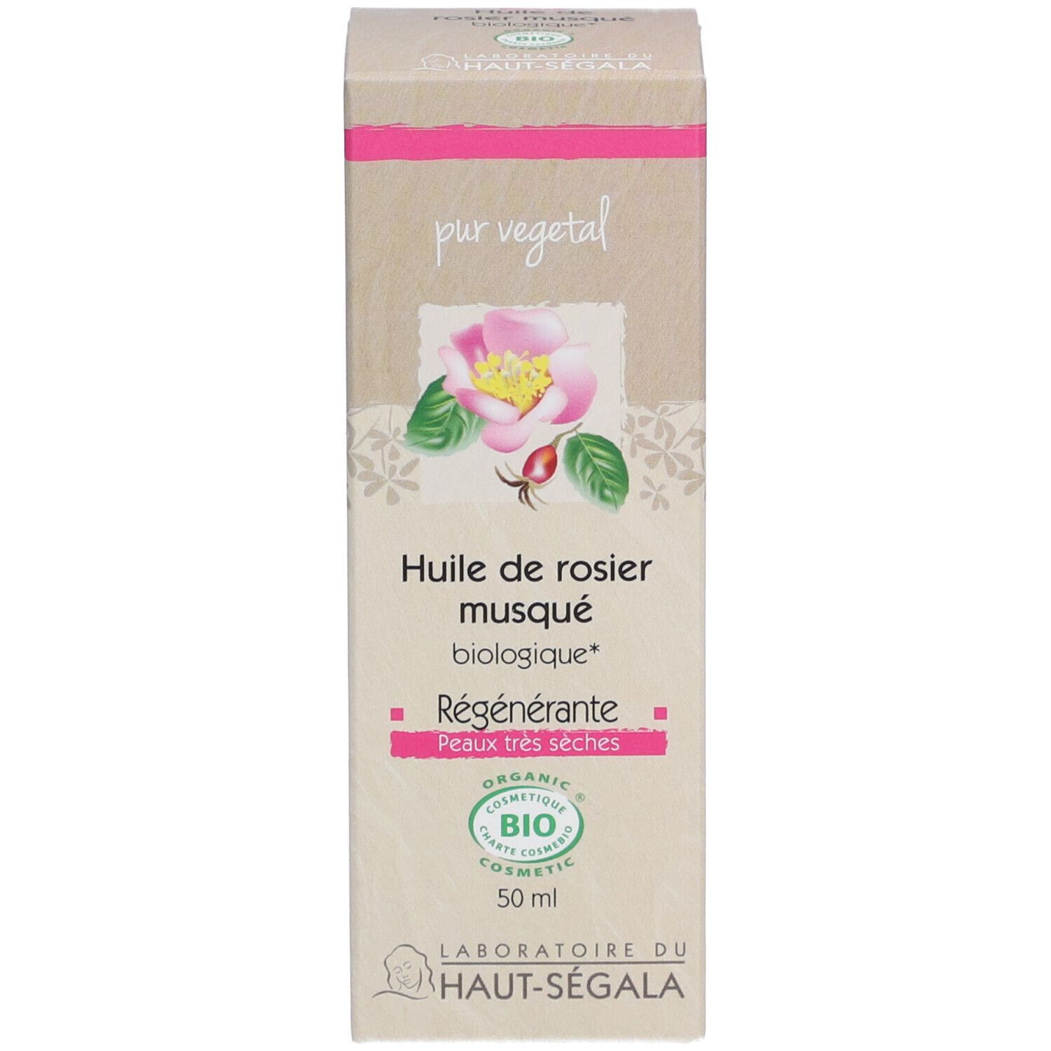 Boîte avec inscription: Huile de rosier musqué biologique. Certification: BIO COSMETIC.
