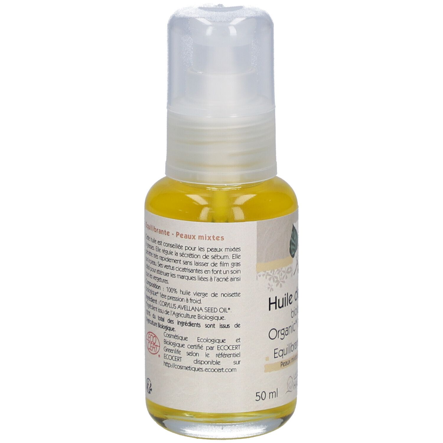 Dos du flacon d'huile. Texte: Huile de noisette biologique, 50 ml. Avec logo ECO CERT.