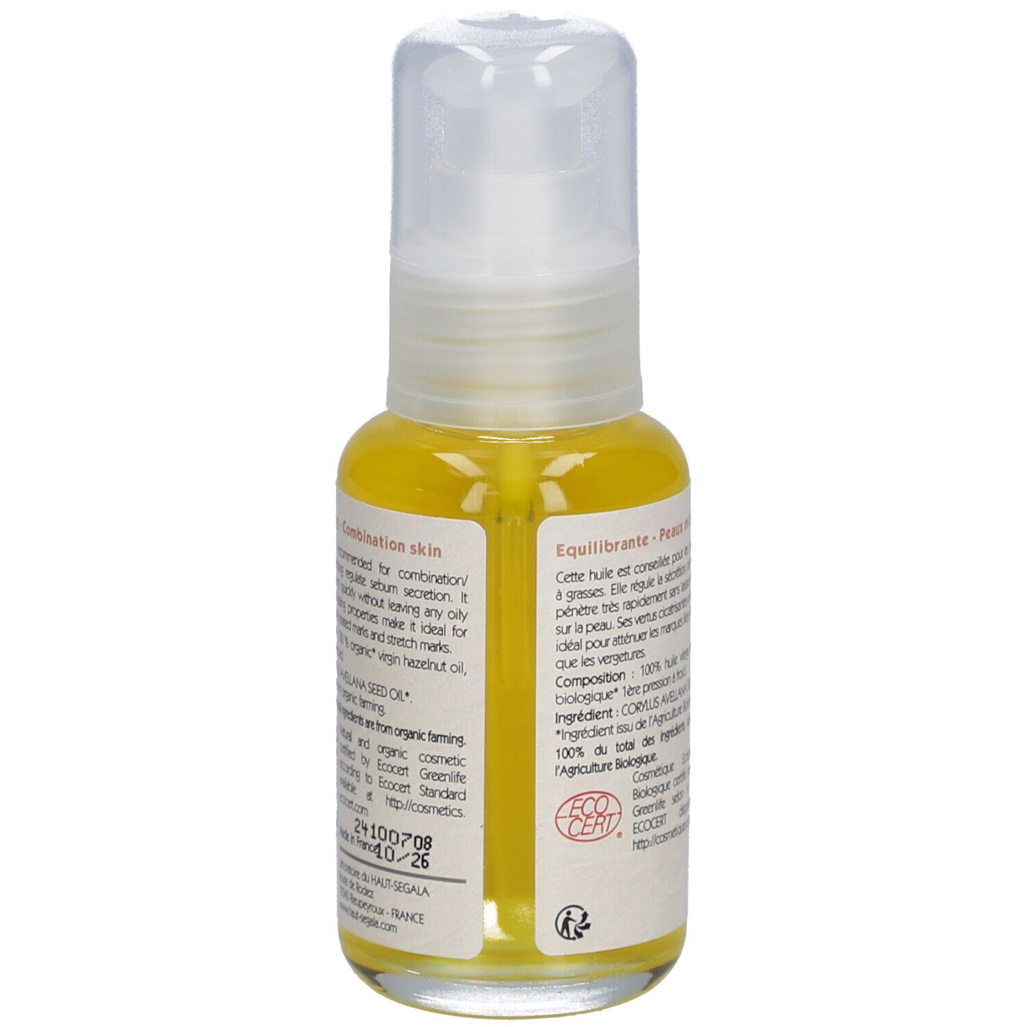 Dos du flacon d'huile. Texte: Huile de noisette biologique, 50 ml. Avec logo ECO CERT.