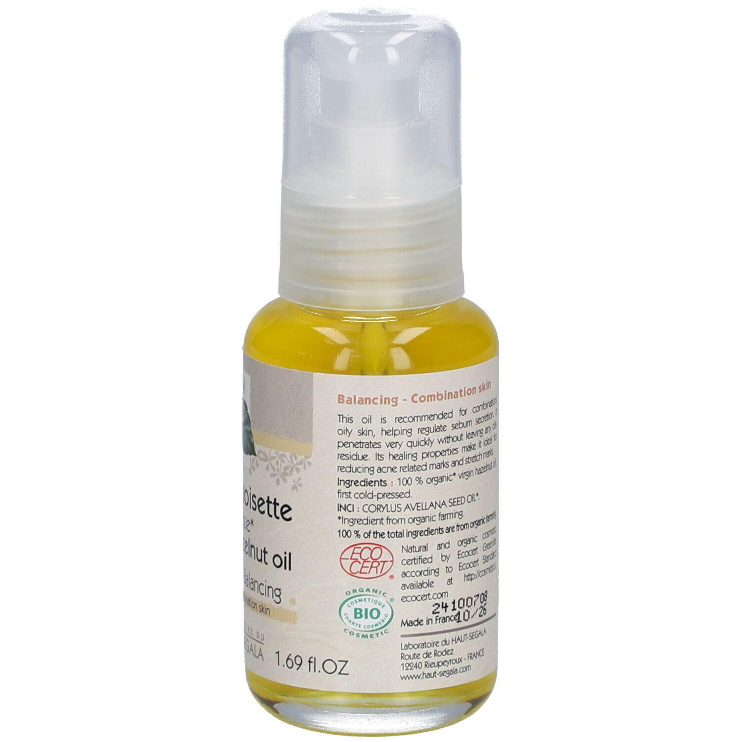 Dos du flacon d'huile. Texte: Huile de noisette biologique, 50 ml. Avec logo ECO CERT.