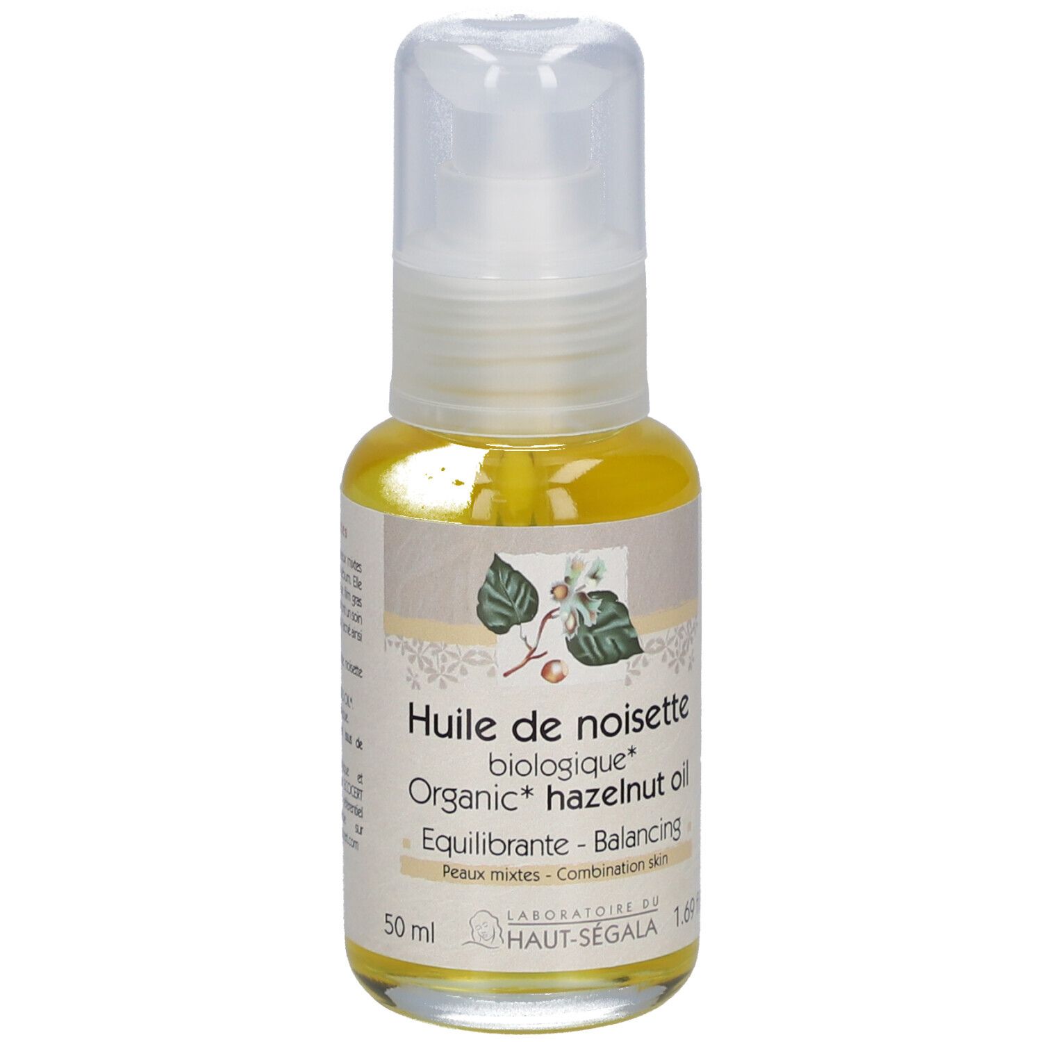 Flacon d'huile transparente avec pompe. Inscription: Huile de noisette biologique, 50 ml.