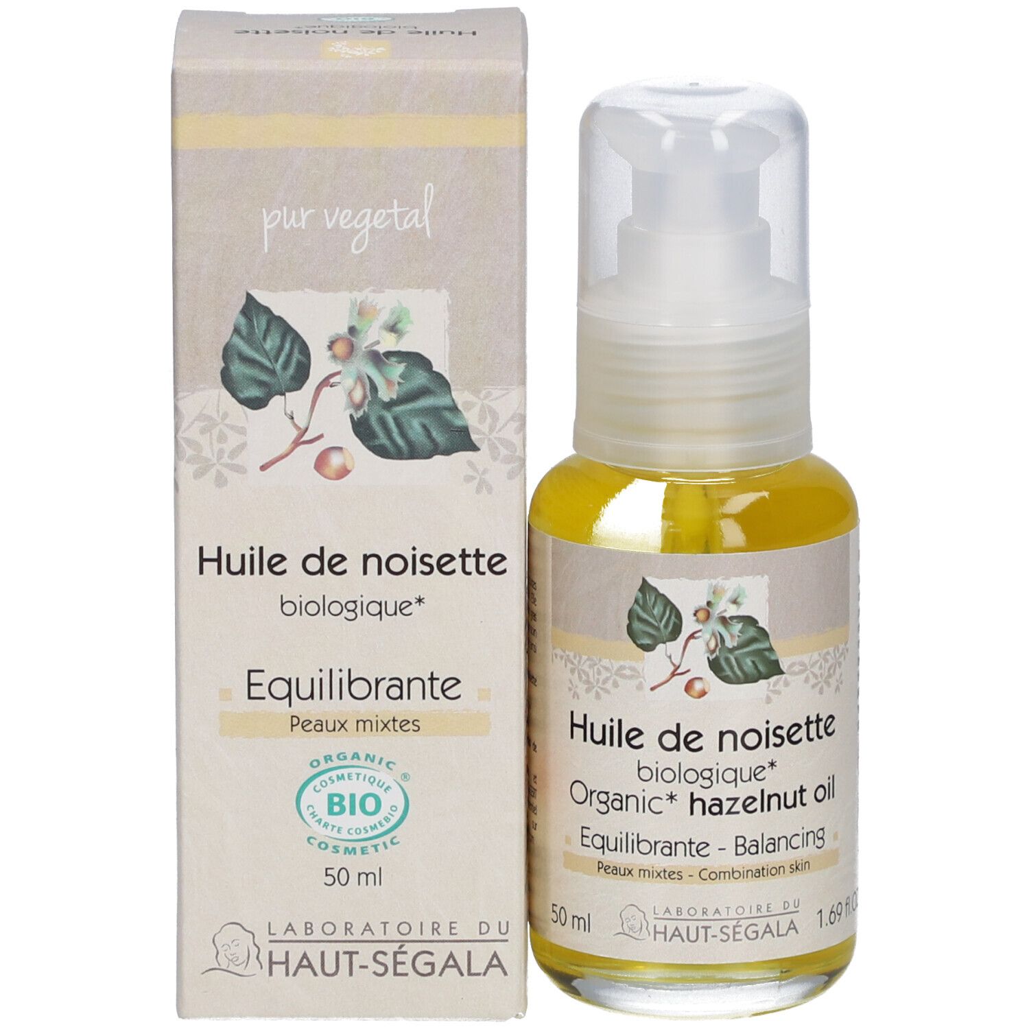 Flacon d'huile et emballage. Inscription: Huile de noisette biologique, 50 ml. Avec logo ECO CERT.