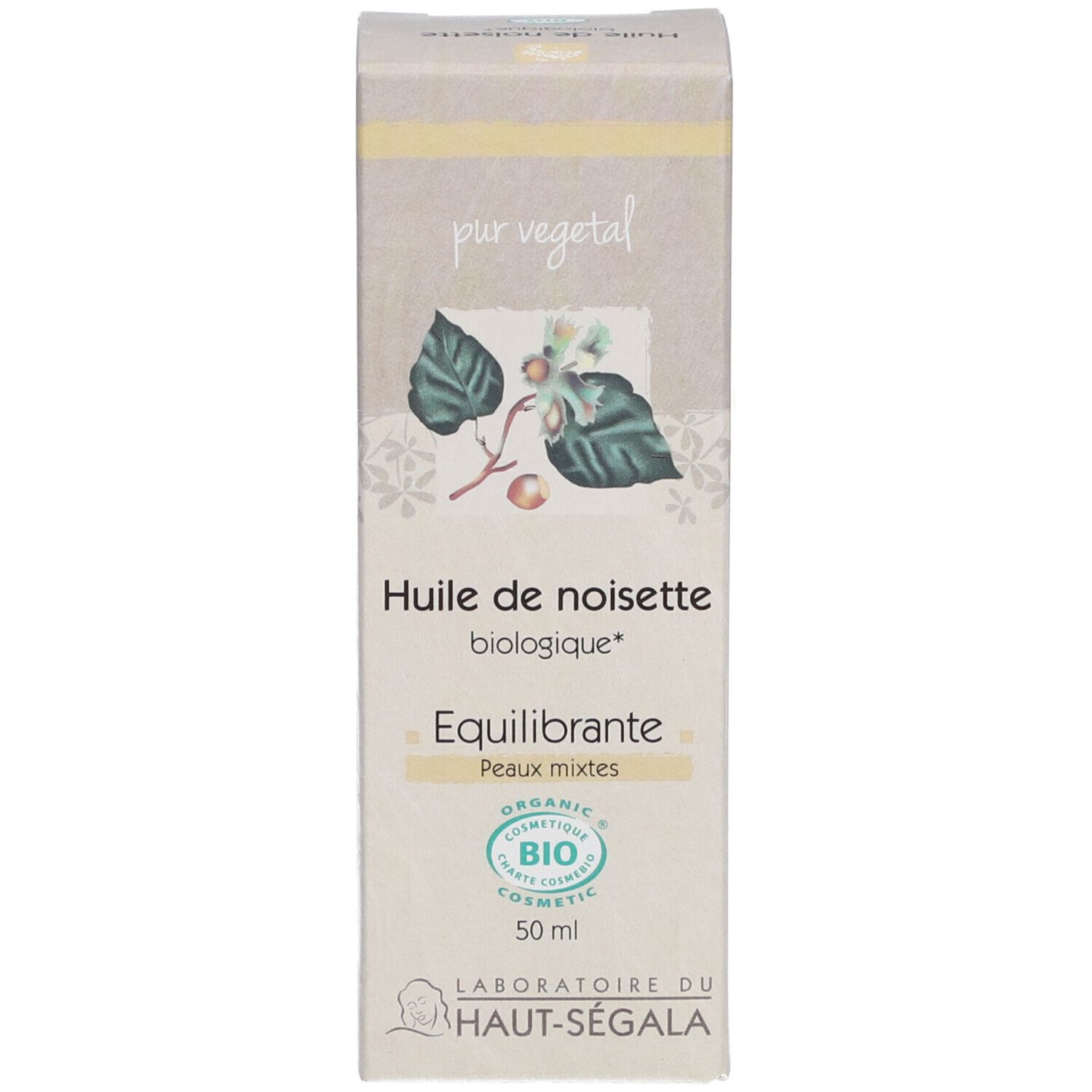Emballage avec inscription: Huile de noisette biologique, 50 ml. Avec logo ECO CERT.