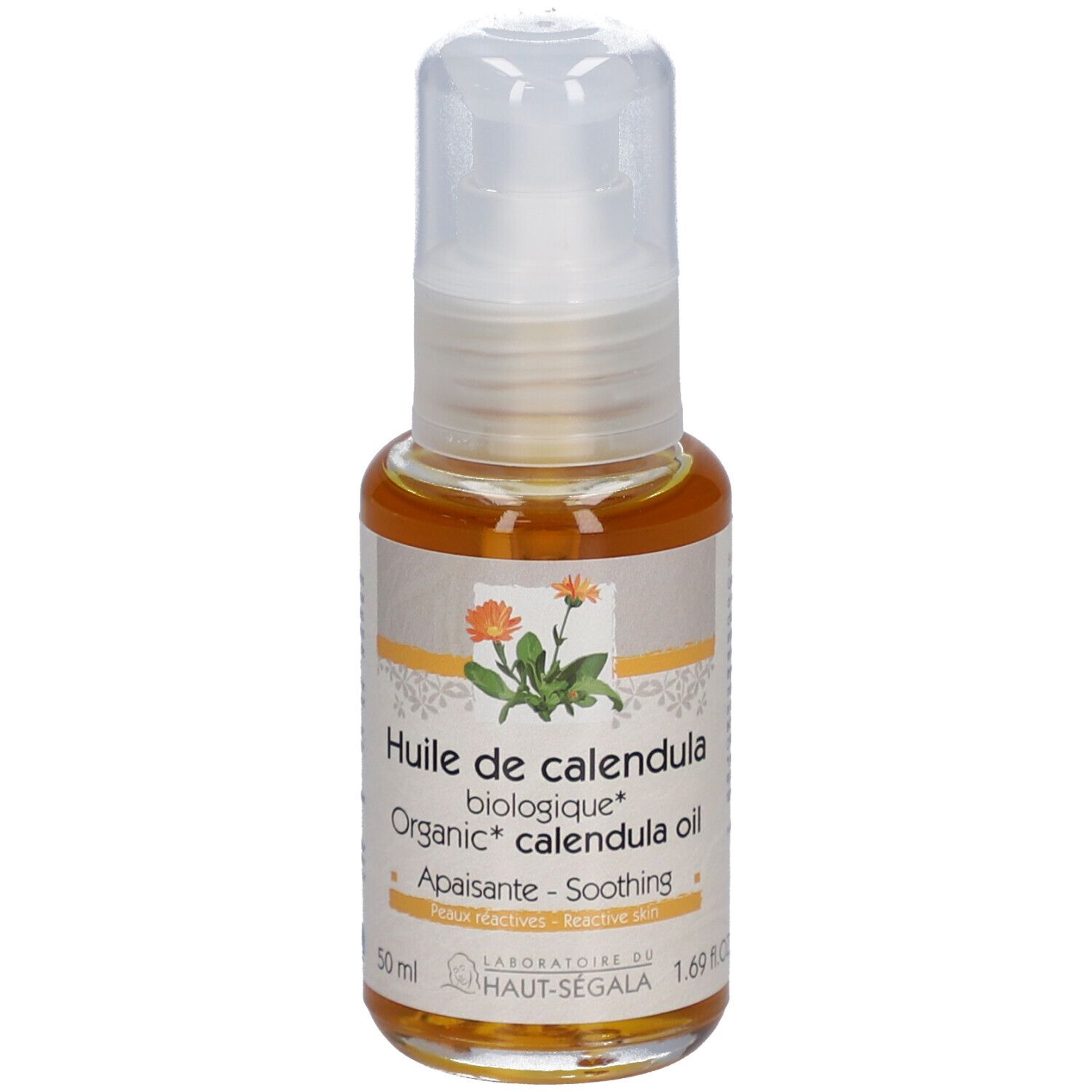 Flacon pompe. Inscription: Huile de calendula biologique, Organic calendula oil. Certification Bio.