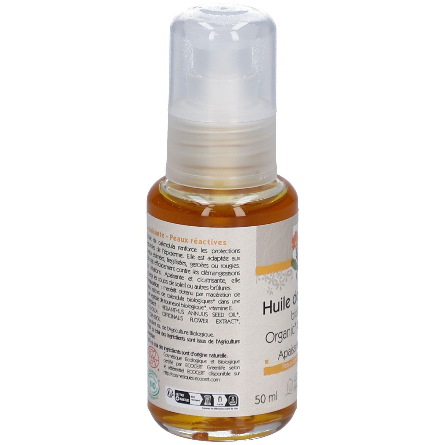 Dos du flacon. Inscription: Huile de calendula biologique, Organic calendula oil. Certification Bio.