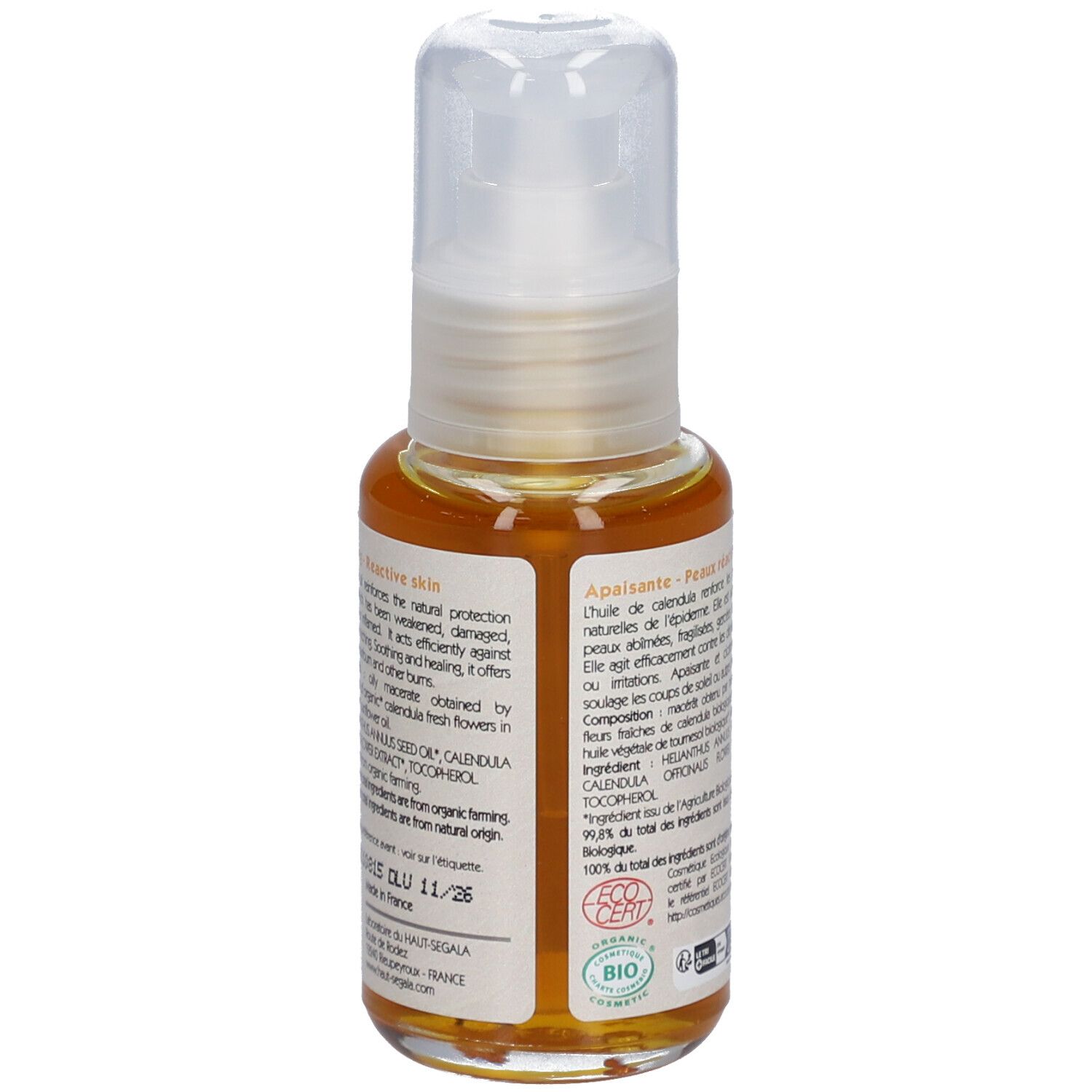 Dos du flacon. Inscription: Huile de calendula biologique, Organic calendula oil. Certification Bio.