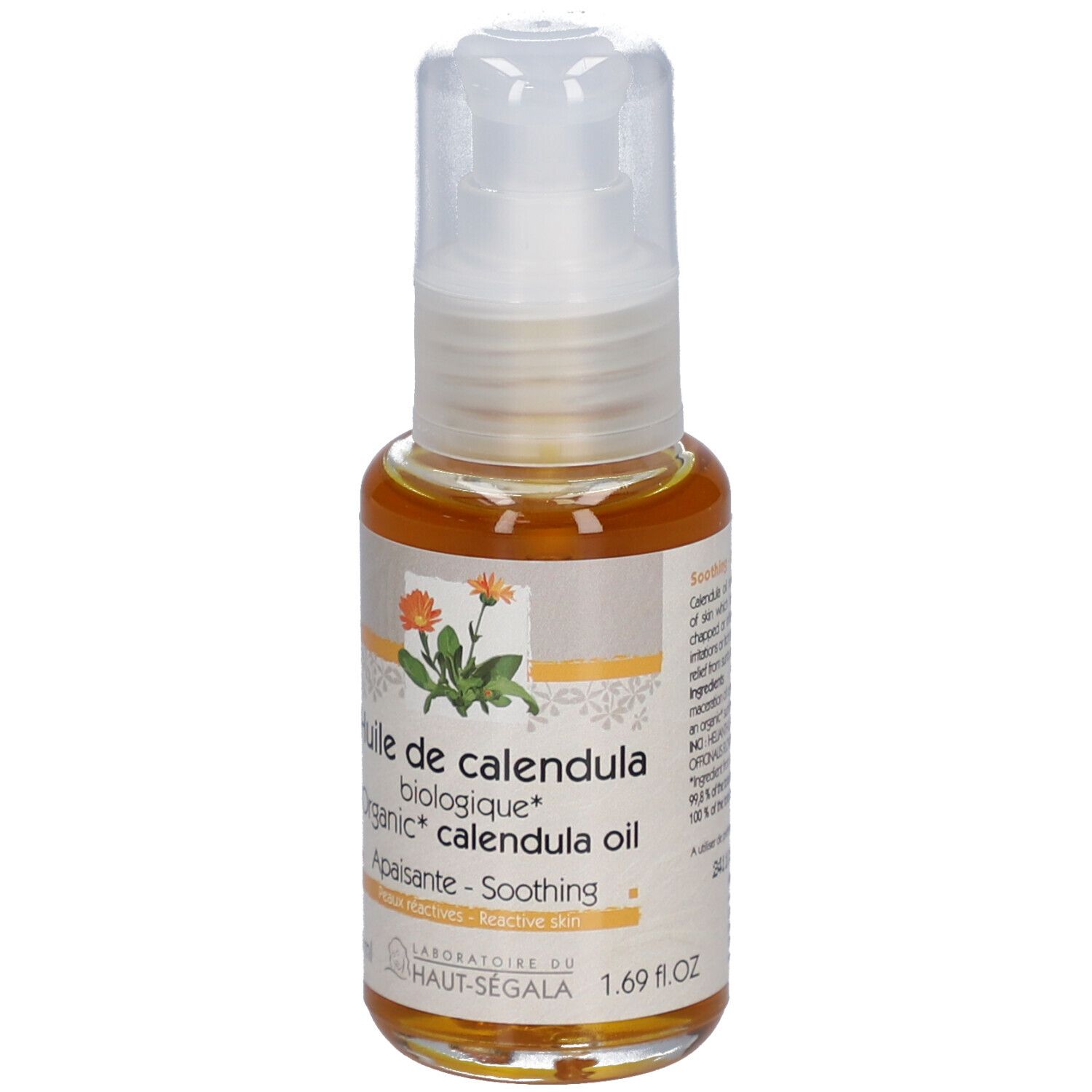 Flacon pompe. Inscription: Huile de calendula biologique, Organic calendula oil. Certification Bio.