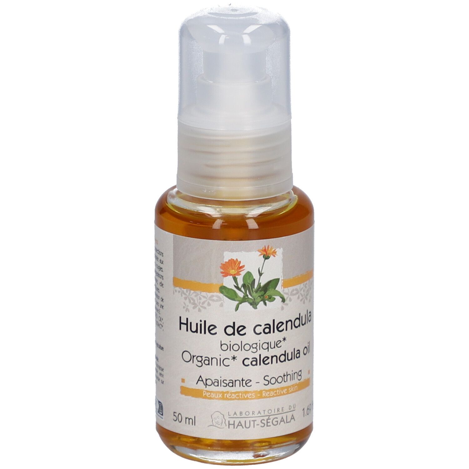 Flacon pompe. Inscription: Huile de calendula biologique, Organic calendula oil. Certification Bio.
