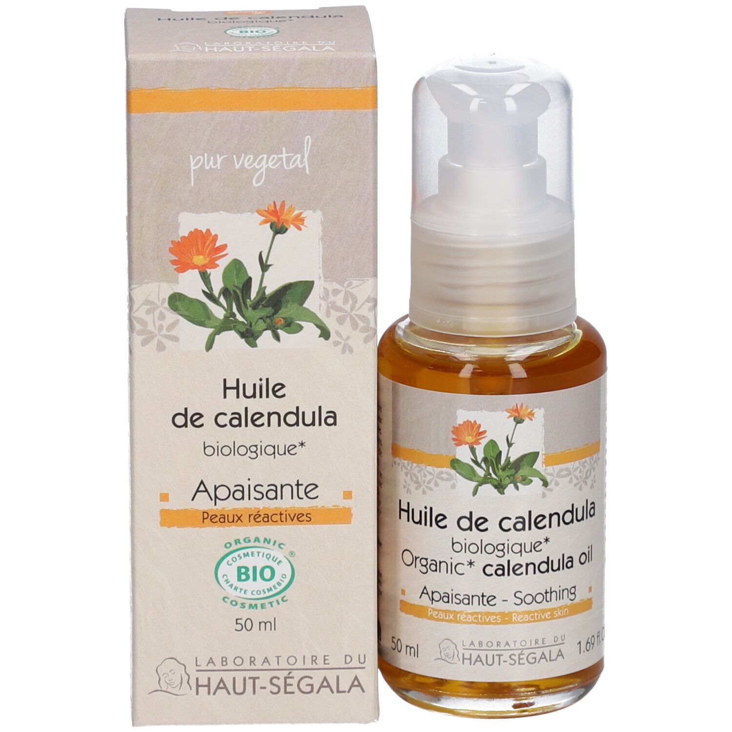 Flacon et boîte. Inscription: Huile de calendula biologique. Certification Bio. Laboratoire du Haut-Ségala.