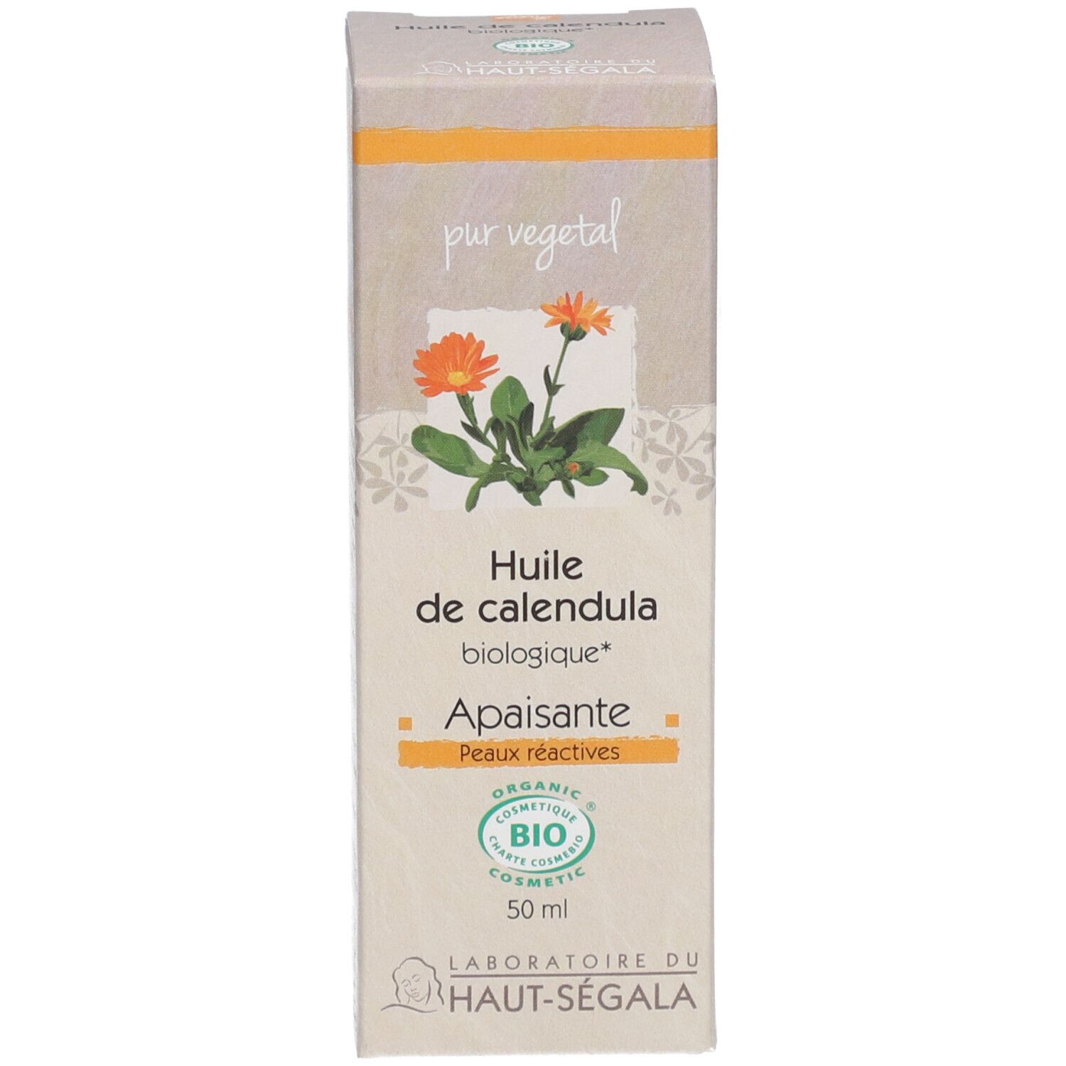 Boîte de produit. Inscription: Huile de calendula biologique. Certification Bio. Laboratoire du Haut-Ségala.