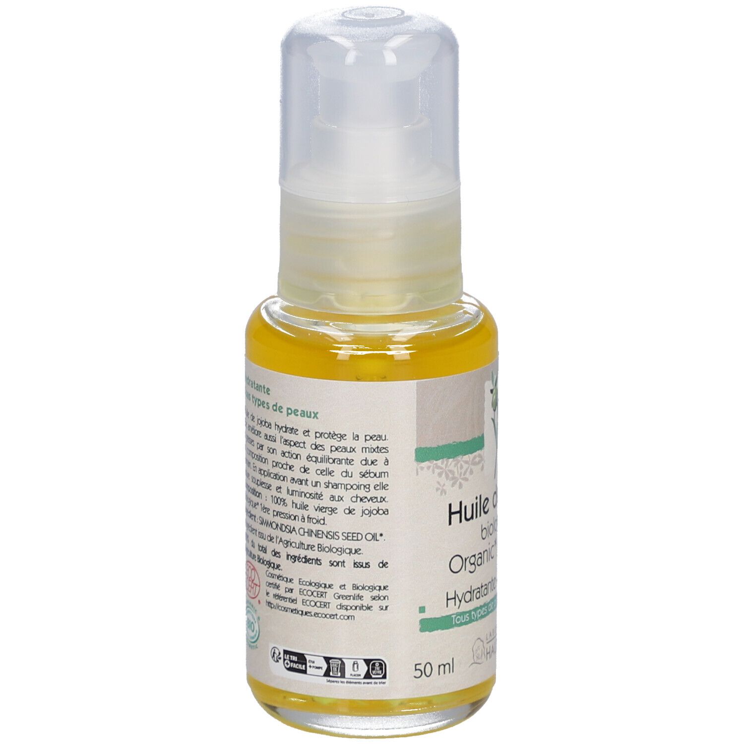 Flacon d'huile de jojoba avec pompe. Inscription: Huile de jojoba biologique, Organic Jojoba oil. Hydratante-Moisturizing. 50 ml.