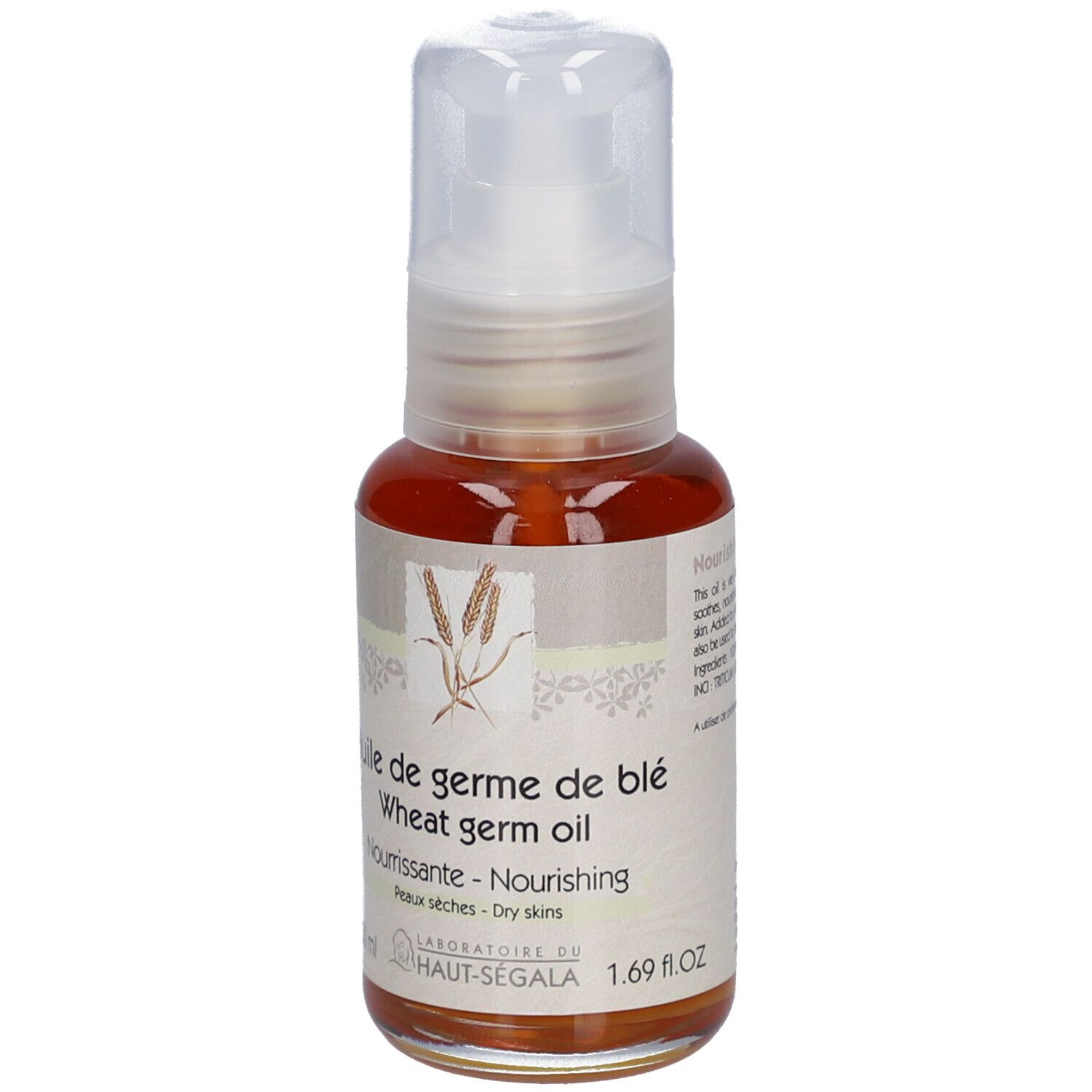 Flacon d'huile de germe de blé avec pompe. Inscription : Huile de germe de blé, Wheat germ oil, Nourrissante, Peaux sèches. Laboratoire du Haut-Ségala.