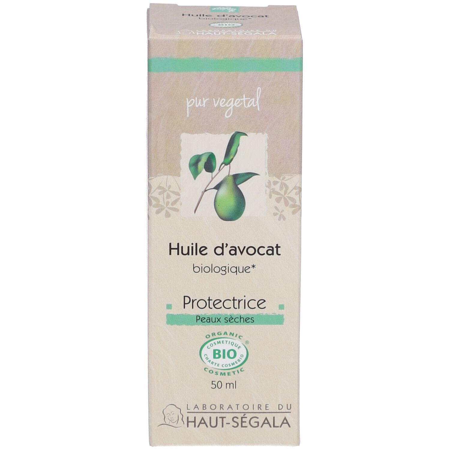 Étui d'huile d'avocat. Inscription: Huile d'avocat biologique, Protectrice, Peaux sèches. Certification bio.