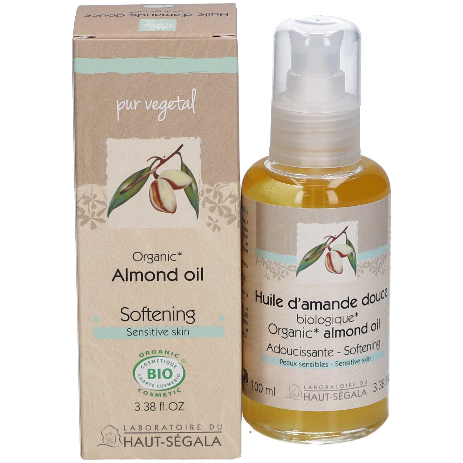 Flacon et boîte. Inscription: Organic Almond oil, Softening, Sensitive skin. Certification Bio. 3.38 fl.oz.