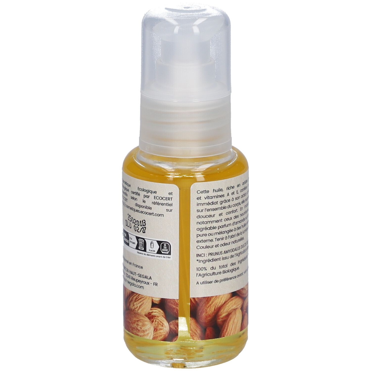 Flacon d'huile avec pompe. Texte au dos. Amande. Inscription: Huile d'amande douce biologique.