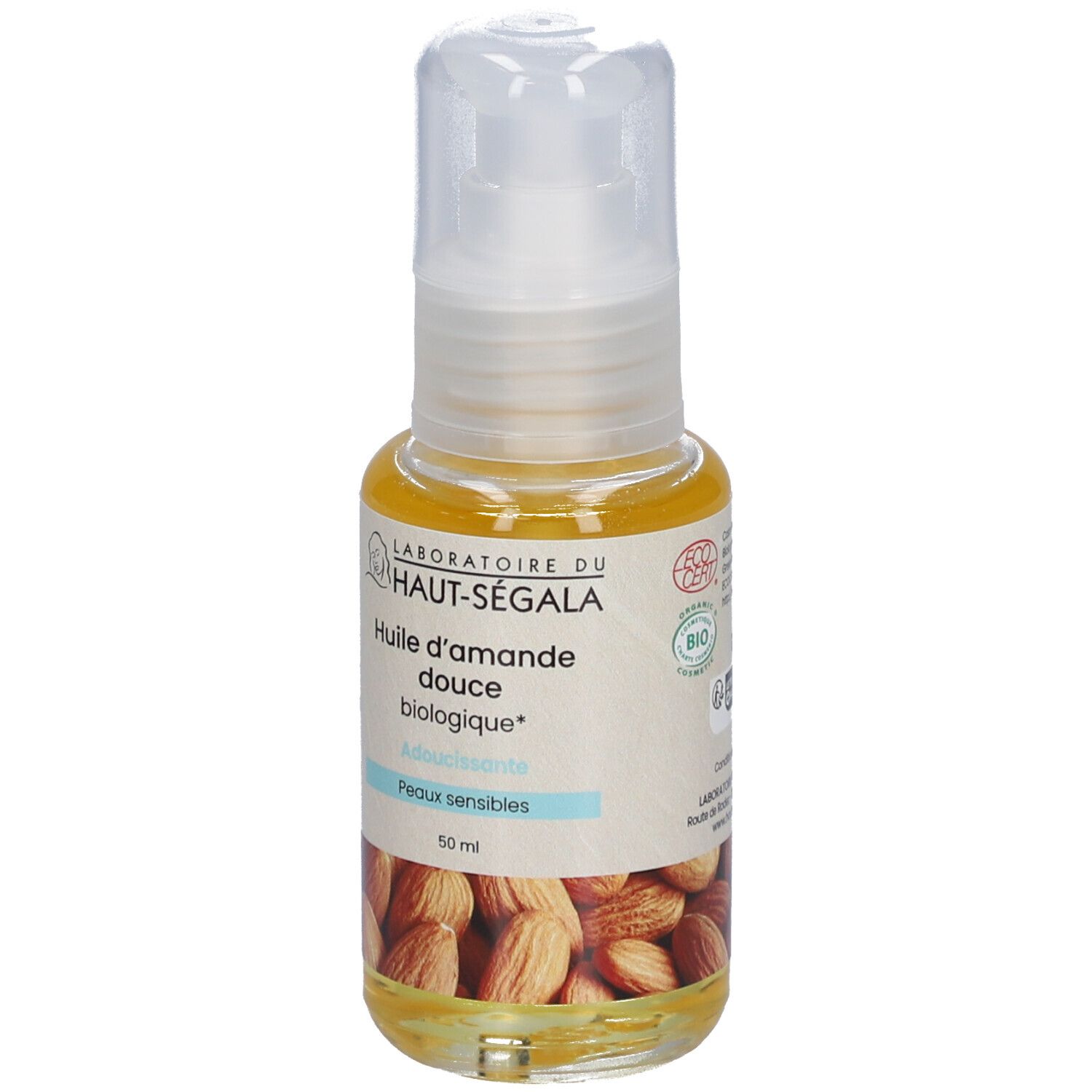 Flacon d'huile avec pompe. Inscription: Huile d'amande douce biologique, Adoucissante, Peaux sensibles. Label bio.