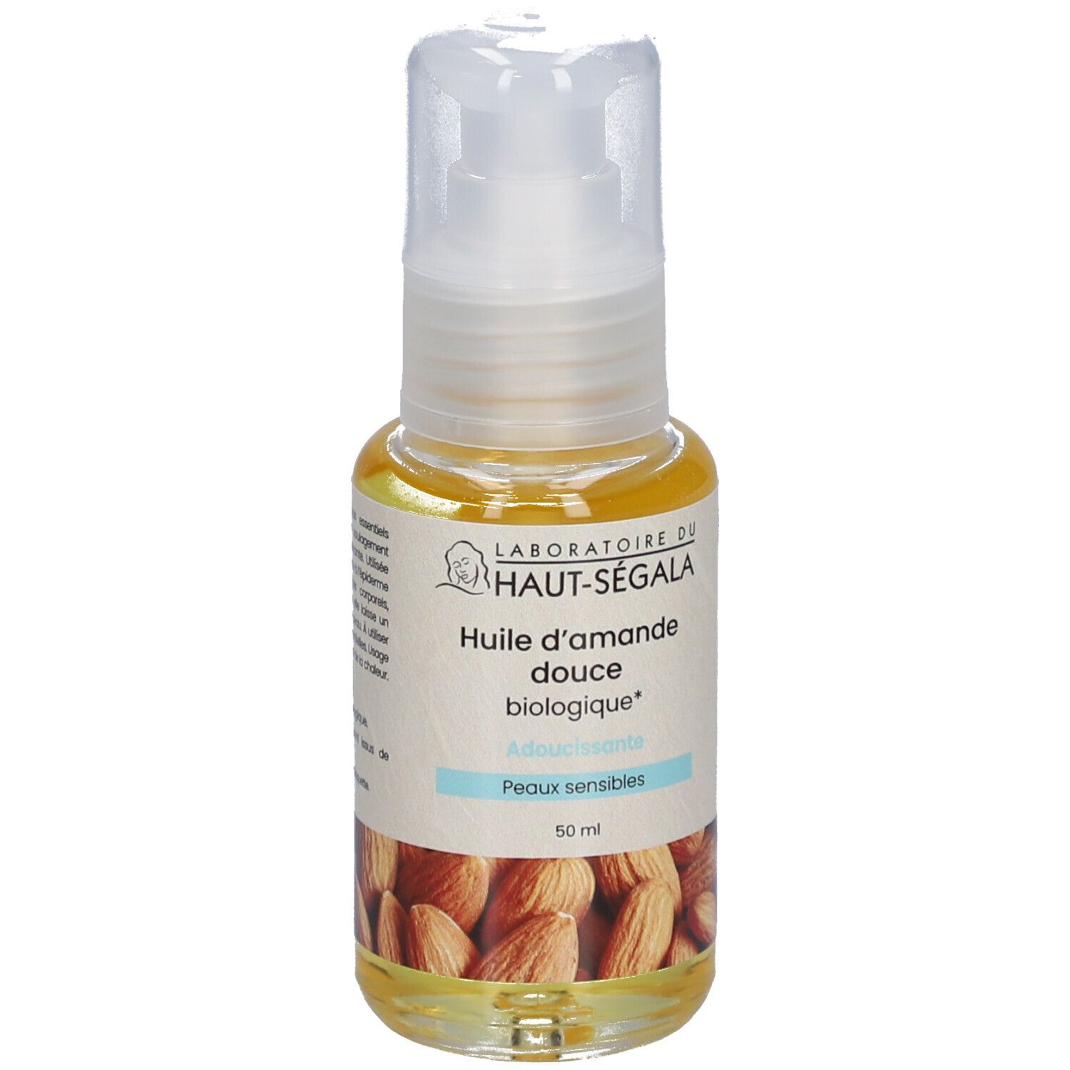 Flacon d'huile avec pompe. Inscription: Huile d'amande douce biologique, Adoucissante, Peaux sensibles. 50 ml.