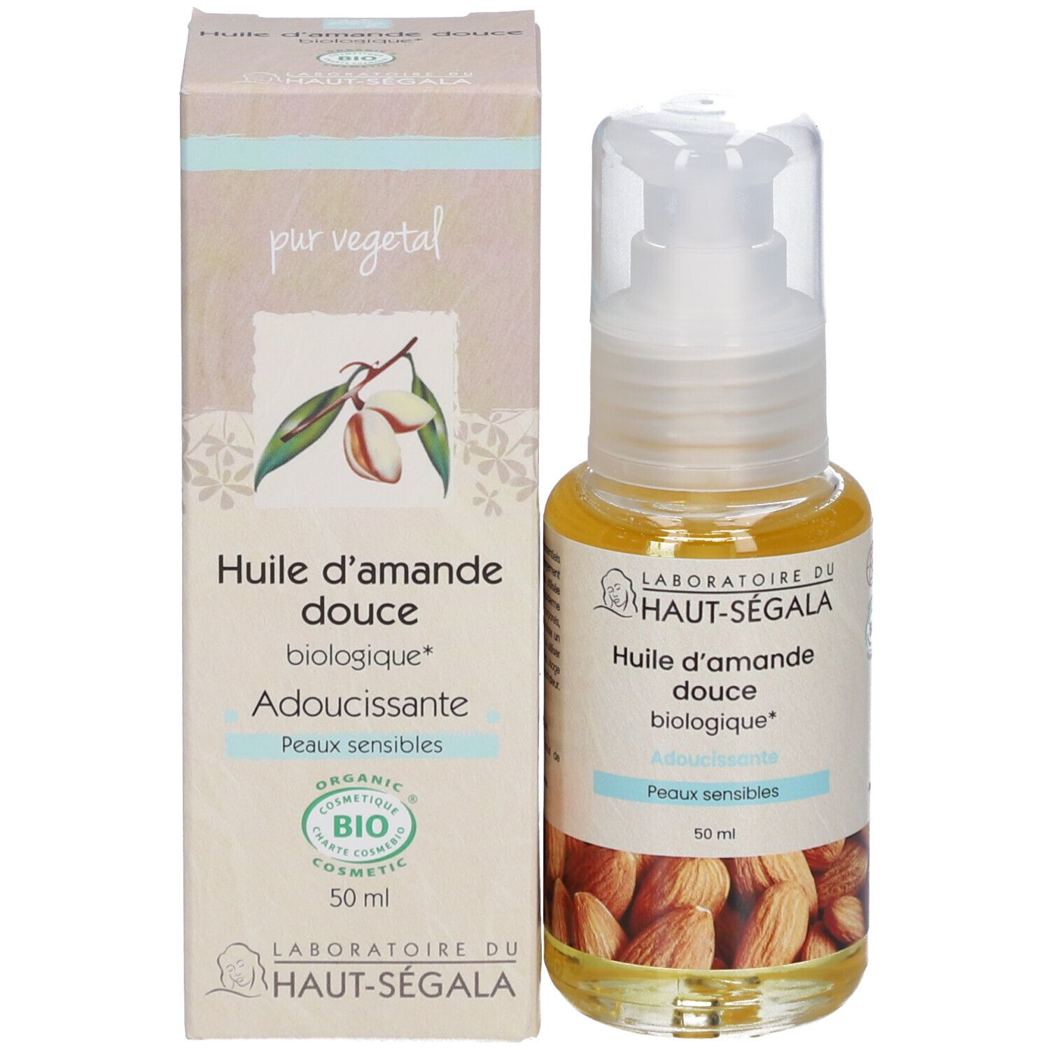 Flacon et boîte d'huile. Inscription: Huile d'amande douce biologique, Adoucissante, Peaux sensibles. Label bio.