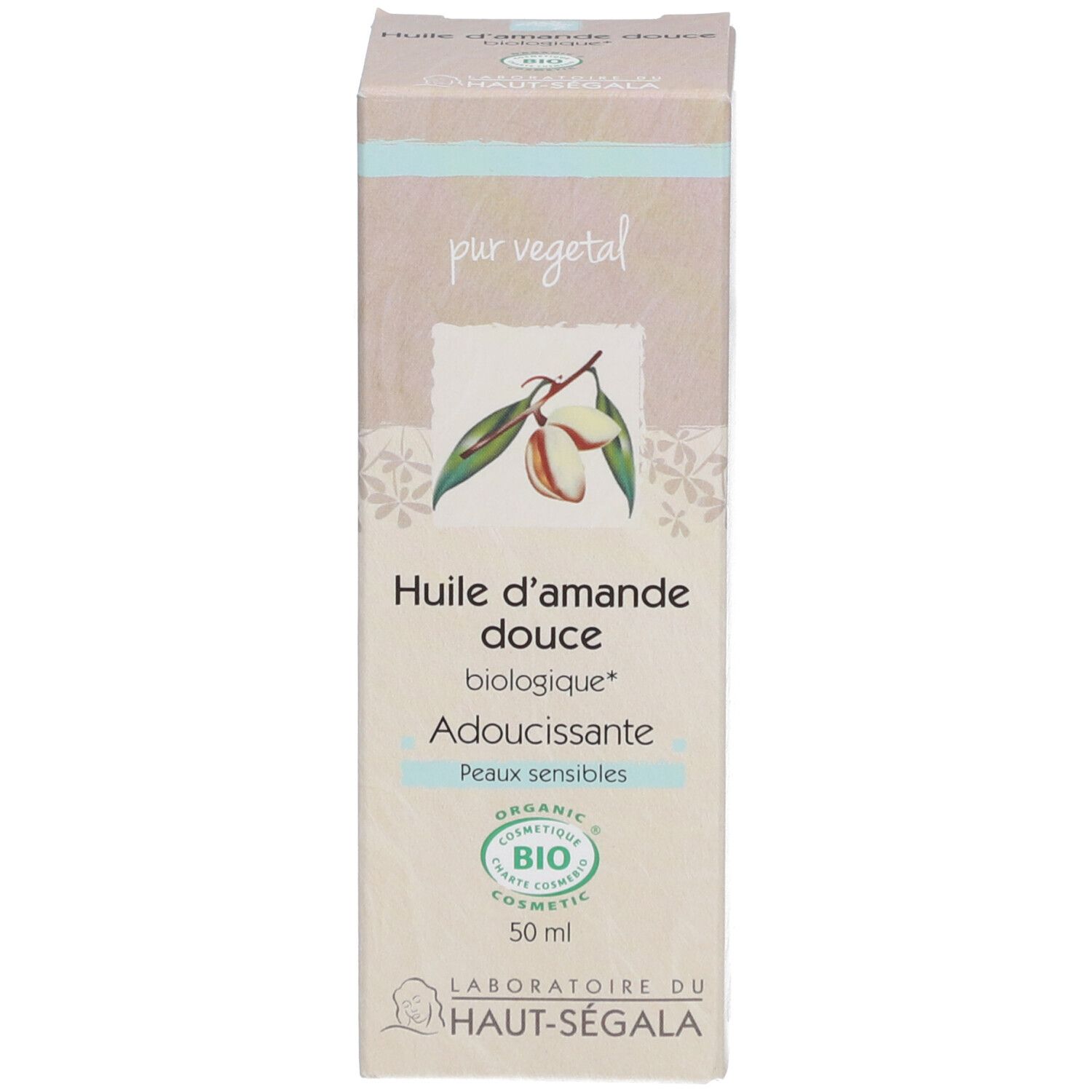 Boîte. Inscription: Huile d'amande douce biologique, Adoucissante, Peaux sensibles. Label bio. 50 ml.