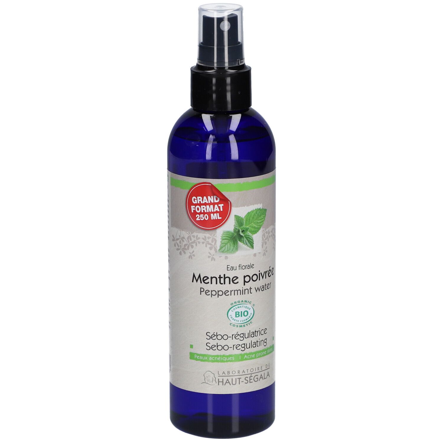 Flacon bleu avec vaporisateur. Étiquette : Menthe poivrée, Peppermint water, certification Bio. Marque : Laboratoire du Haut-Ségala.