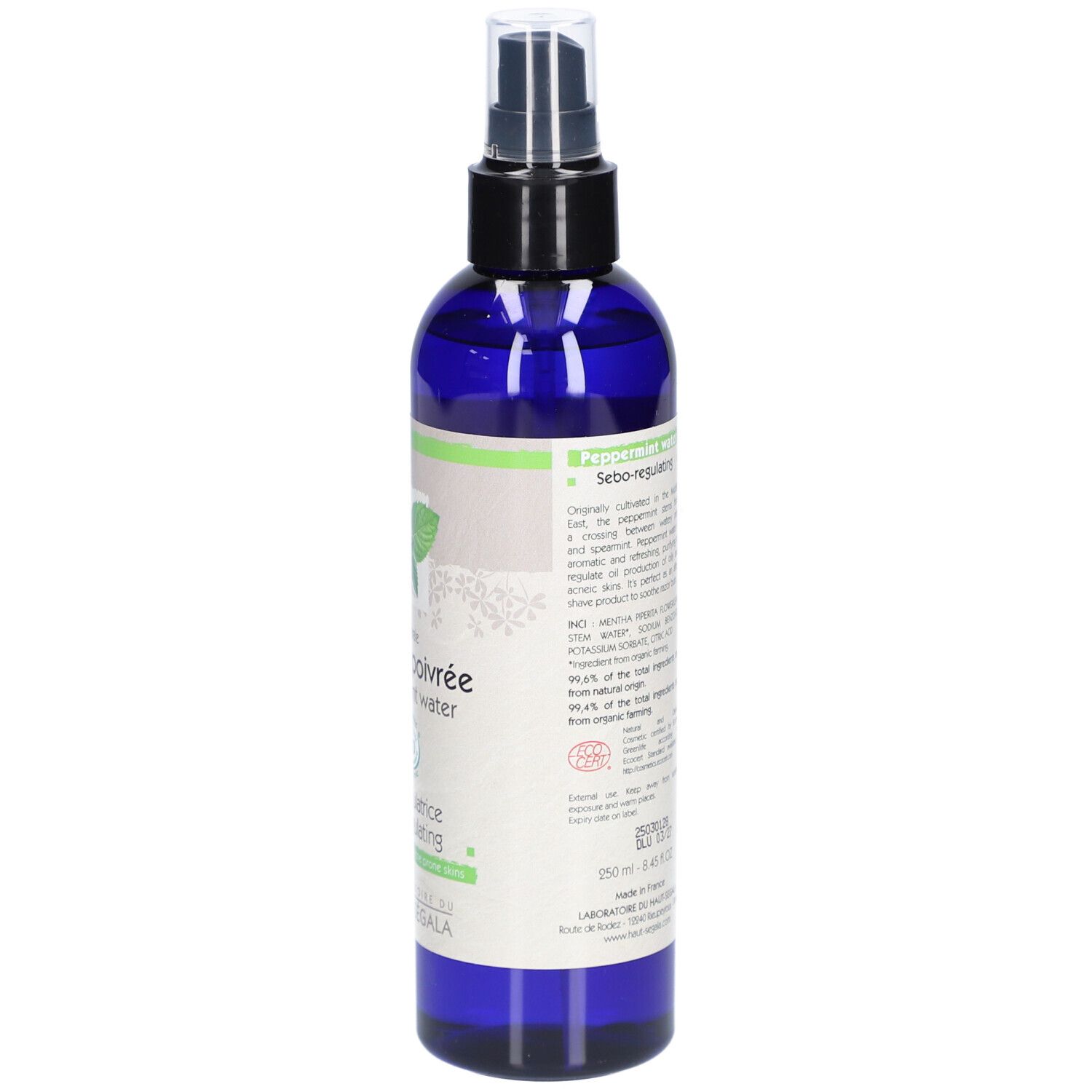 Dos du flacon bleu. Étiquette avec texte et certifications. Marque : Laboratoire du Haut-Ségala. Grand Format 250 ml.