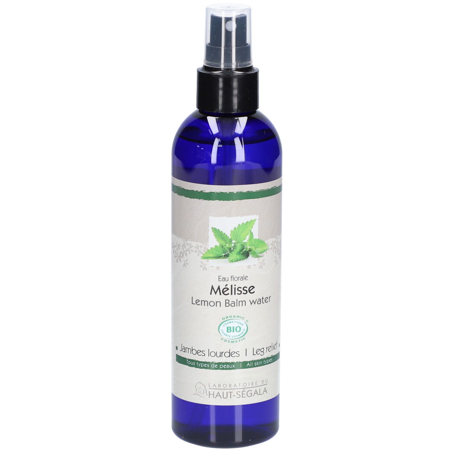 Flacon pulvérisateur bleu avec étiquette. Inscription: Eau florale Mélisse, Lemon Balm water. Certification Bio.