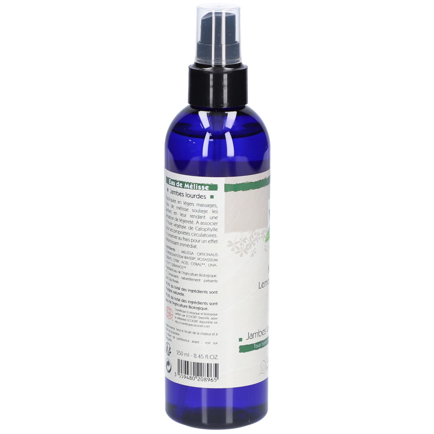 Flacon pulvérisateur bleu avec étiquette. Inscription: Eau florale Mélisse, Lemon Balm water. Certification Bio.